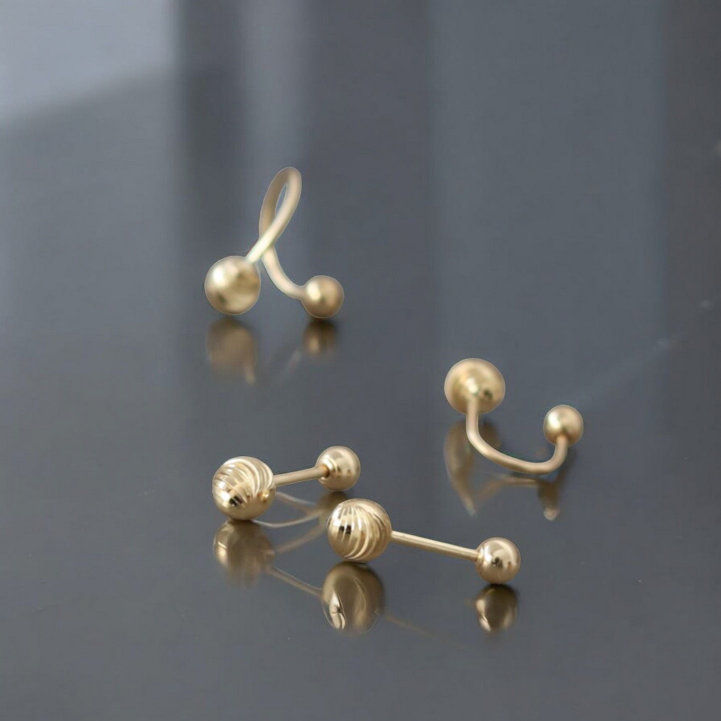 14K Real Gold Minimal Barbell Hoop Style Engraved Spiral Pattern Screw Back Earrings