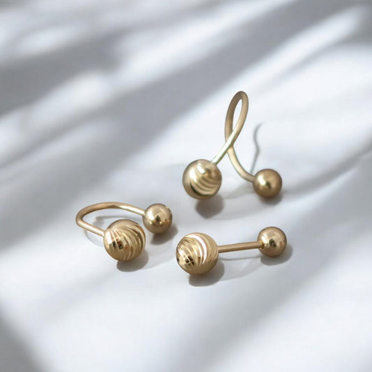 14K Real Gold Minimal Barbell Hoop Style Engraved Spiral Pattern Screw Back Earrings