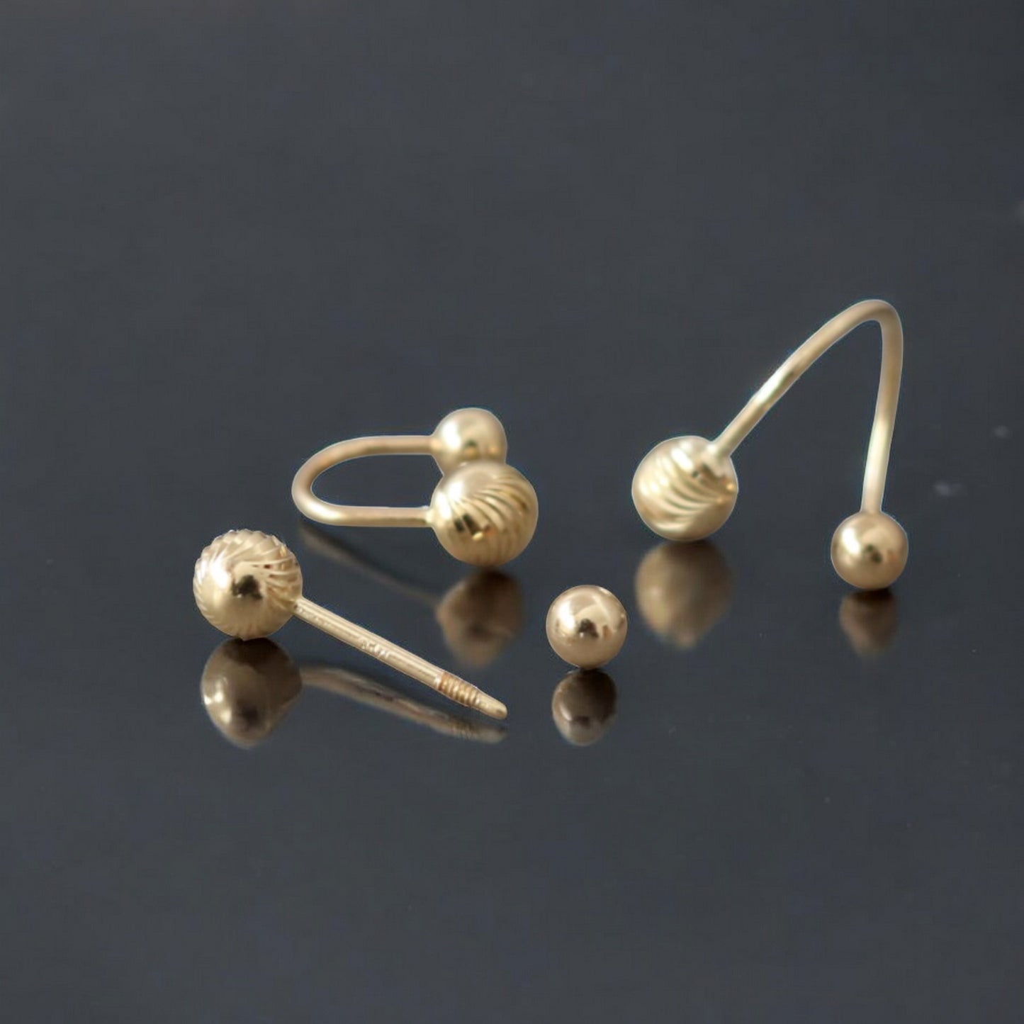 14K Real Gold Minimal Barbell Hoop Style Engraved Spiral Pattern Screw Back Earrings