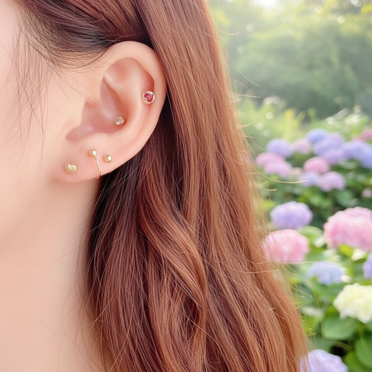 14K Real Gold Minimal Barbell Hoop Style Engraved Spiral Pattern Screw Back Earrings