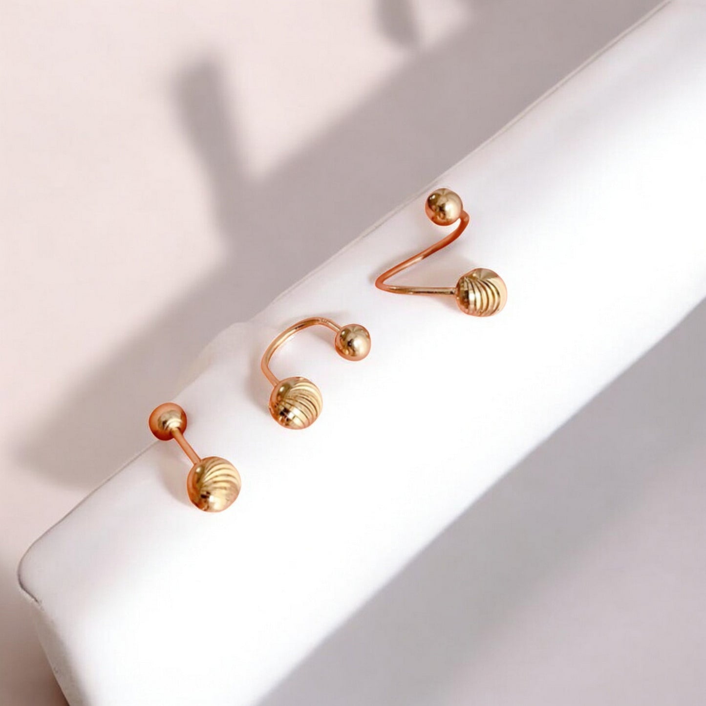14K Real Gold Minimal Barbell Hoop Style Engraved Spiral Pattern Screw Back Earrings