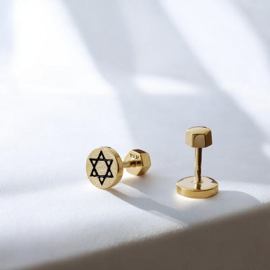 14K Real Gold Matte Round Black Five-Pointed Star Screw On Earrings