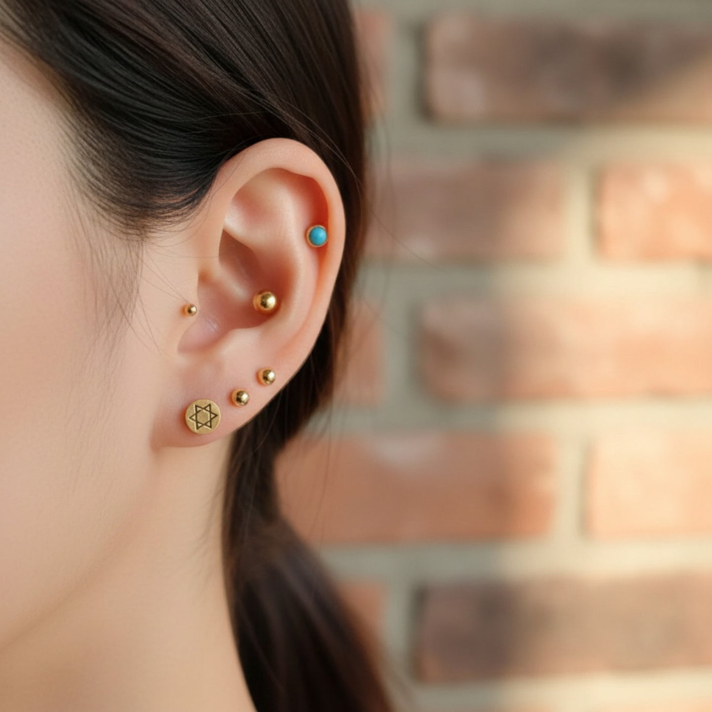 14K Real Gold Matte Round Black Five-Pointed Star Screw On Earrings