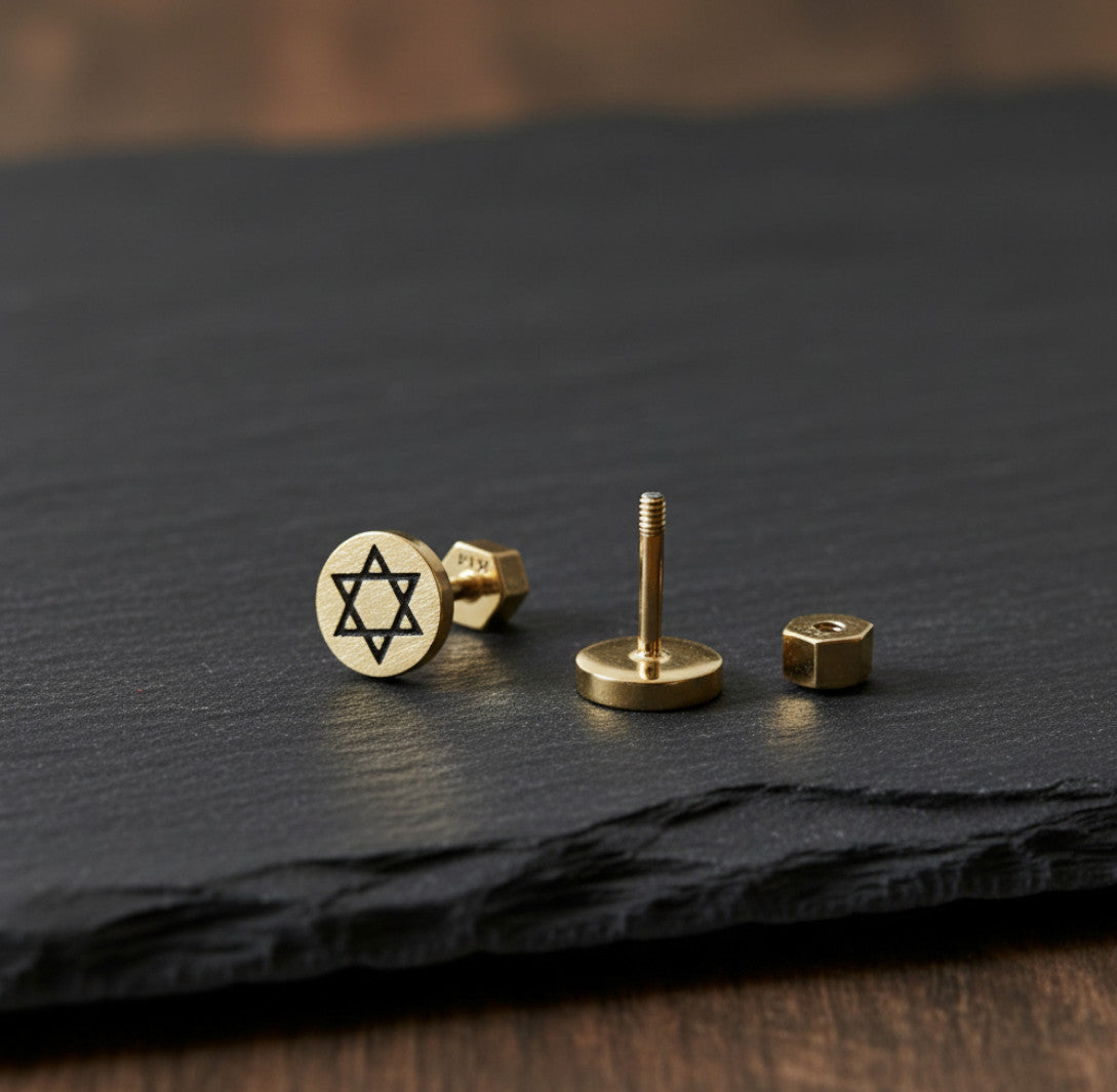 14K Real Gold Matte Round Black Five-Pointed Star Screw On Earrings