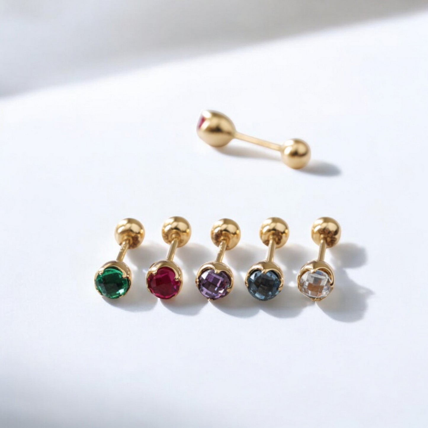 14K Real Gold Sparkling Romantic Flower Bud Colorful Stones Screw On Earrings