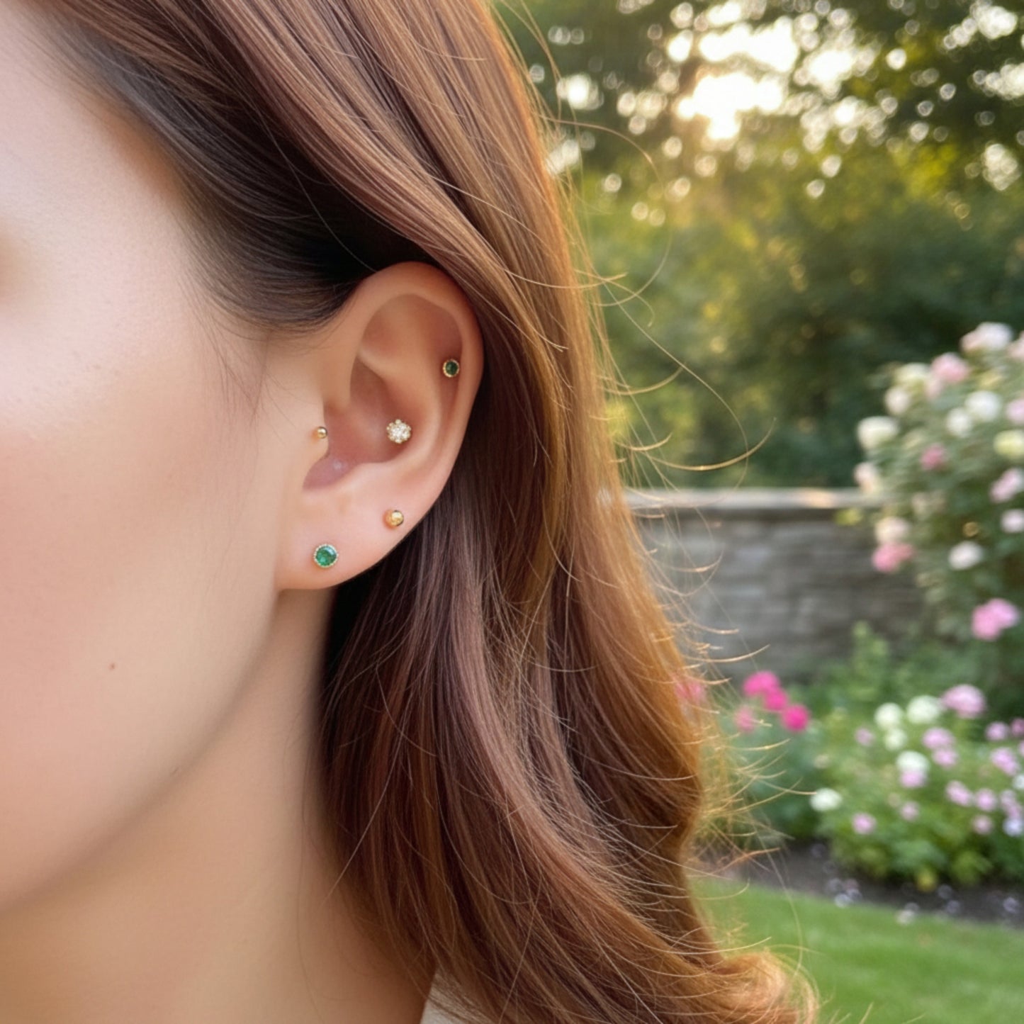 14K Real Gold Sparkling Romantic Flower Bud Colorful Stones Screw On Earrings