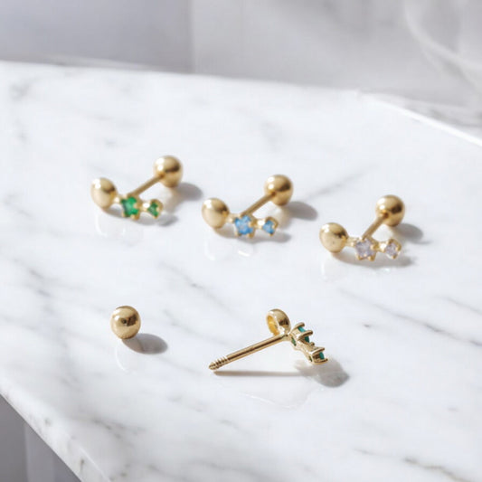 10K Real Gold Sparkling Beads Merald Aquamarine Stones Screw Cartilage On Earrings