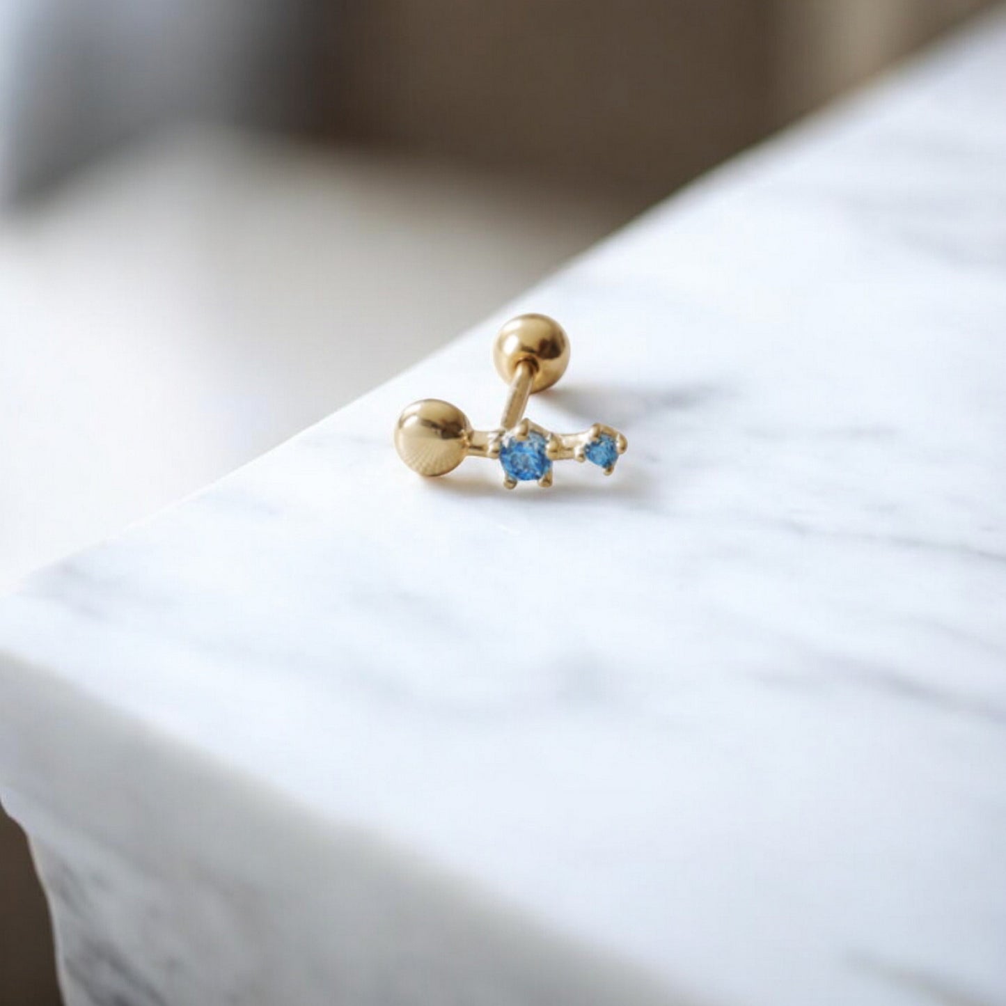 10K Real Gold Sparkling Beads Merald Aquamarine Stones Screw Cartilage On Earrings