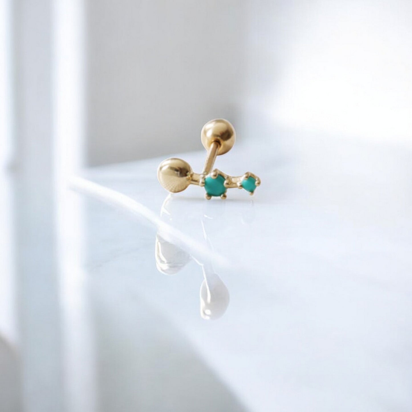 10K Real Gold Sparkling Beads Merald Aquamarine Stones Screw Cartilage On Earrings
