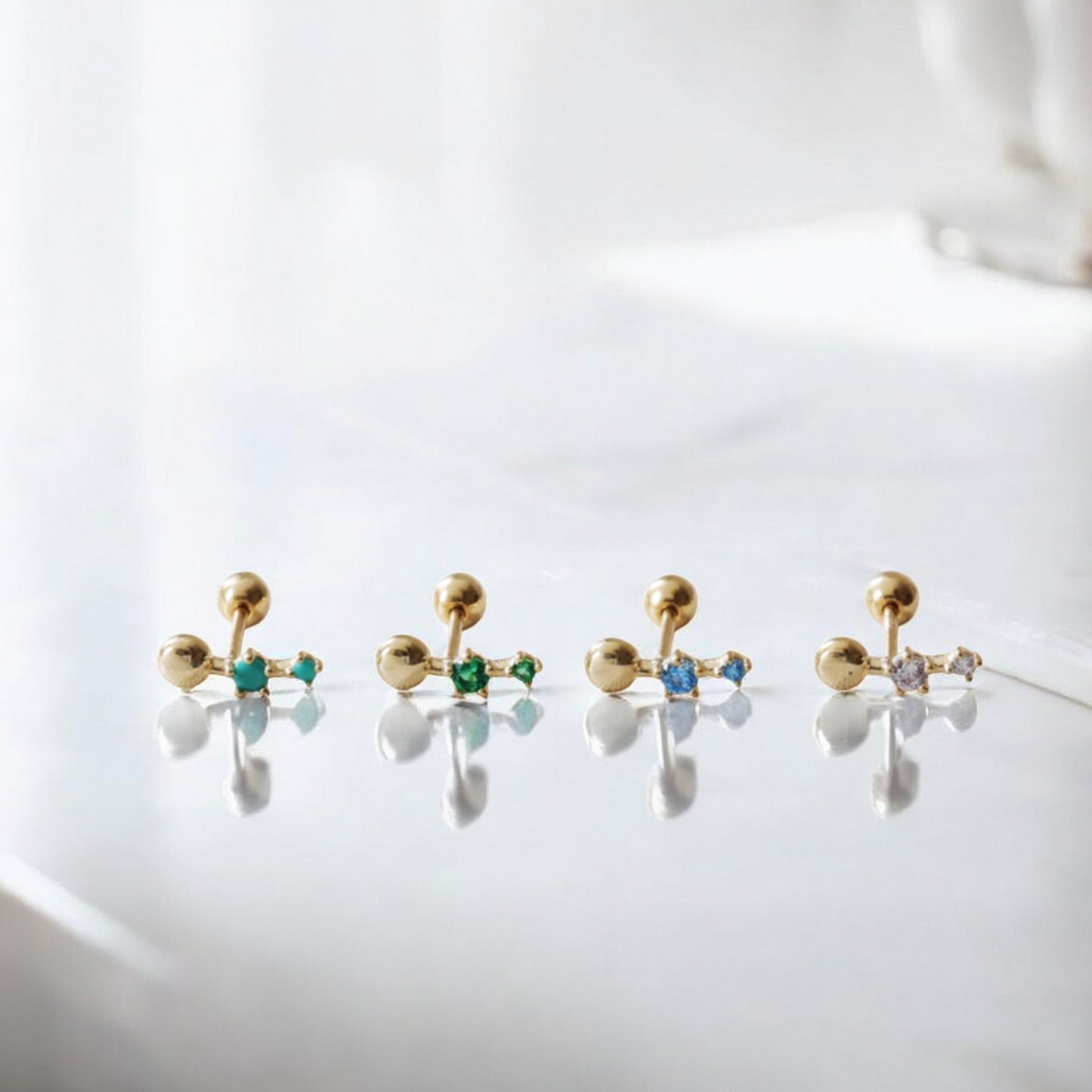 10K Real Gold Sparkling Beads Merald Aquamarine Stones Screw Cartilage On Earrings