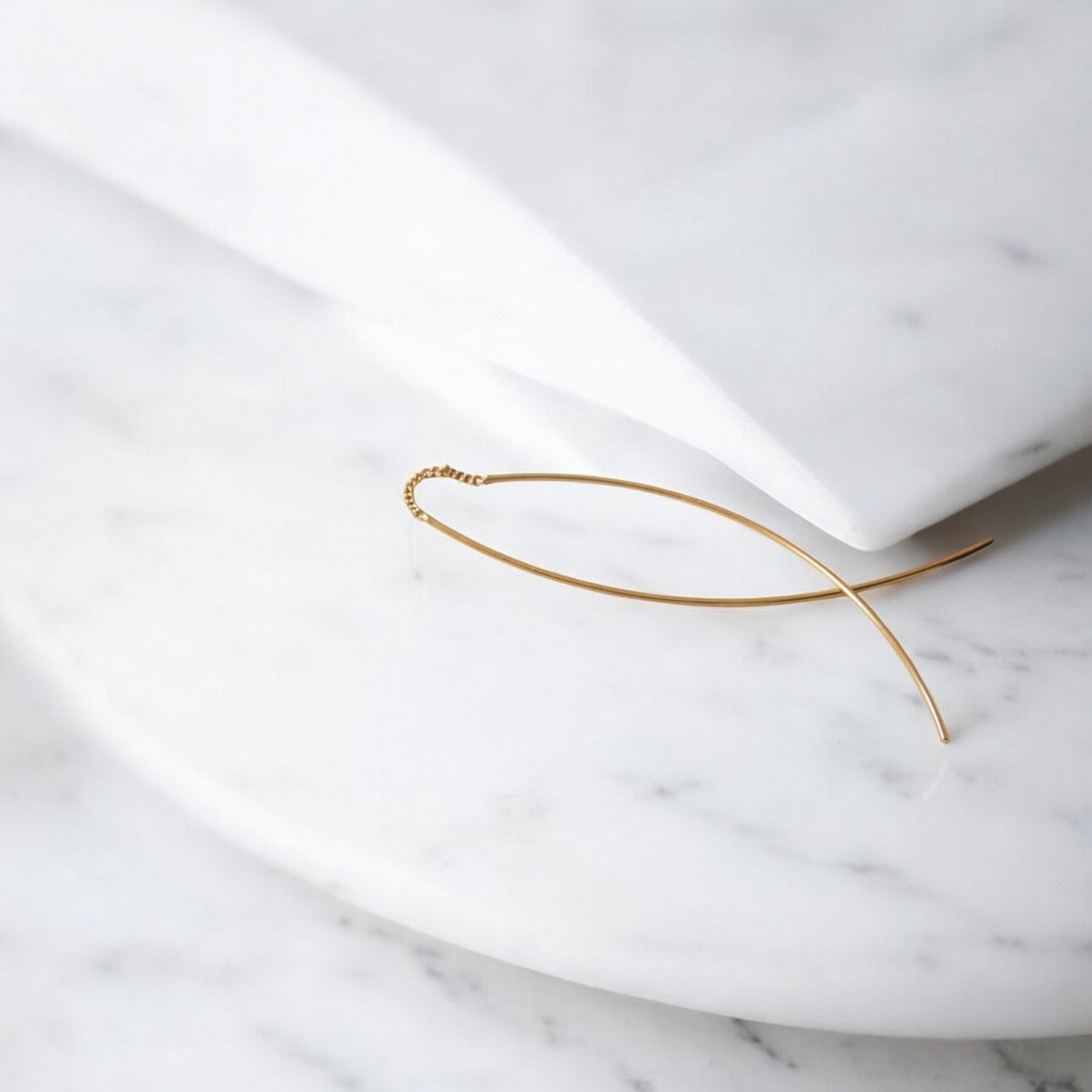 10K Real Gold Minimal Style Plain Gold Fish-Shaped Threader Earrings