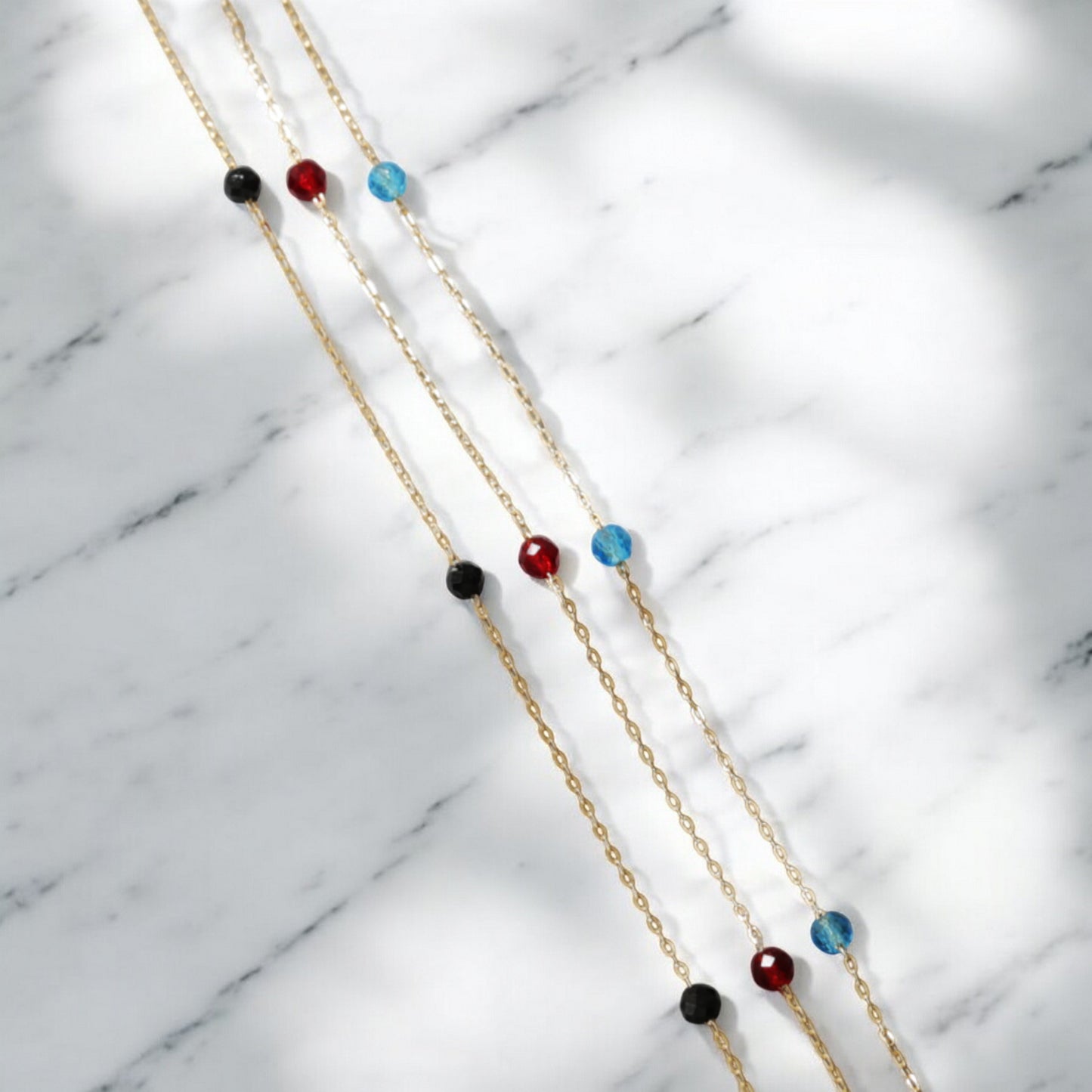14K Gold Minimal Sparkling Red Blue and Black Spinel Minimalist Gold Bracelet
