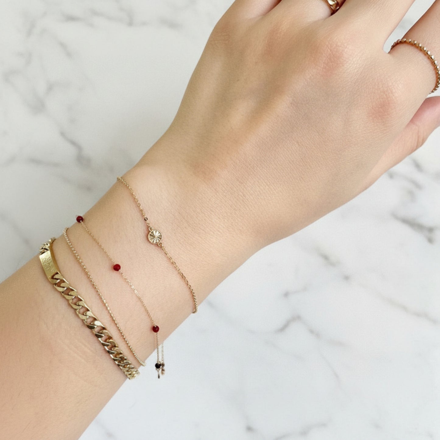 14K Gold Minimal Sparkling Laser-Cut Round Flower and Butterfly Gold Bracelet