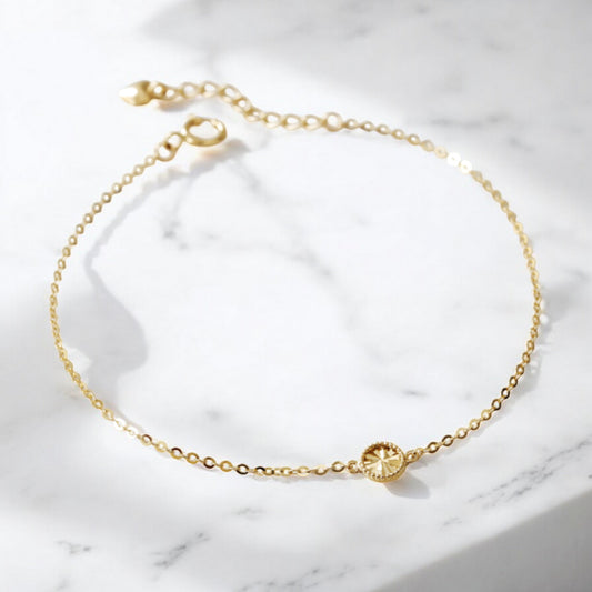 14K Gold Minimal Sparkling Laser-Cut Round Flower and Butterfly Gold Bracelet