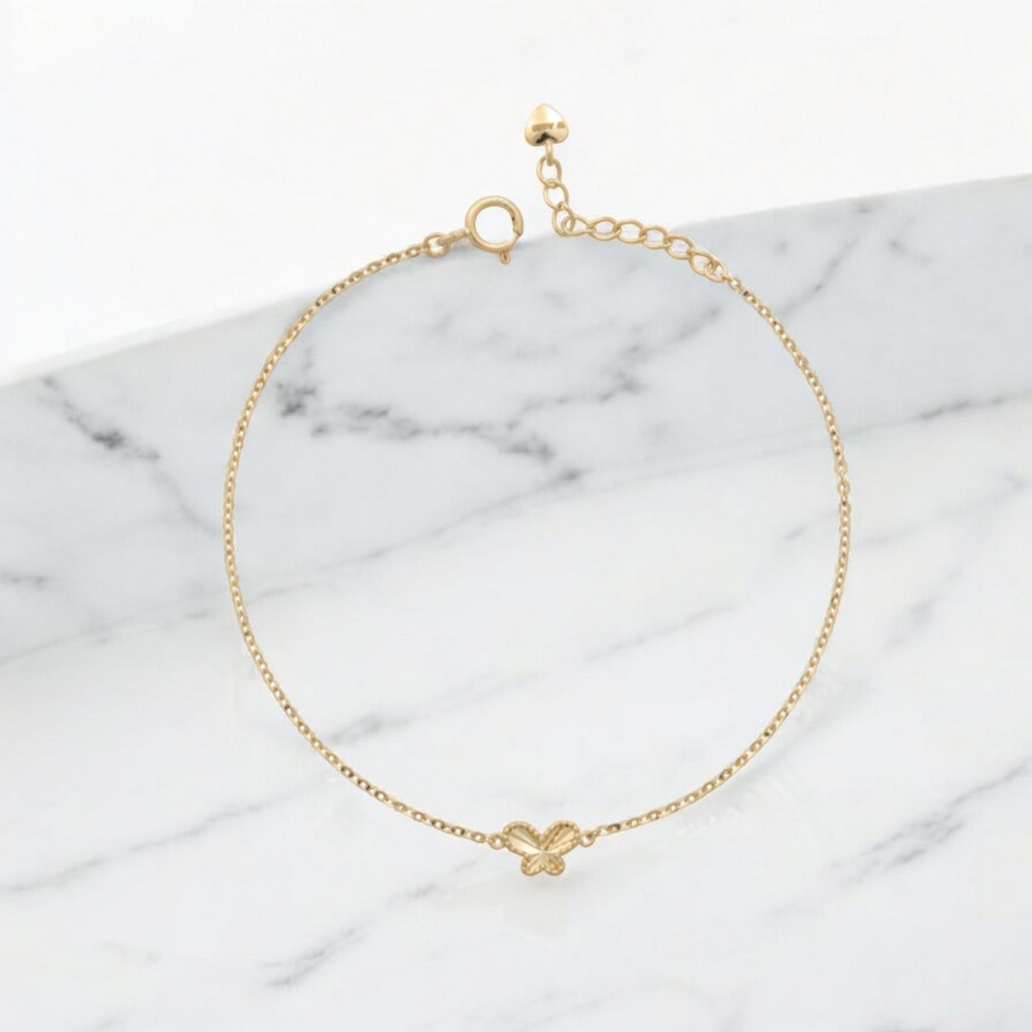 14K Gold Minimal Sparkling Laser-Cut Round Flower and Butterfly Gold Bracelet