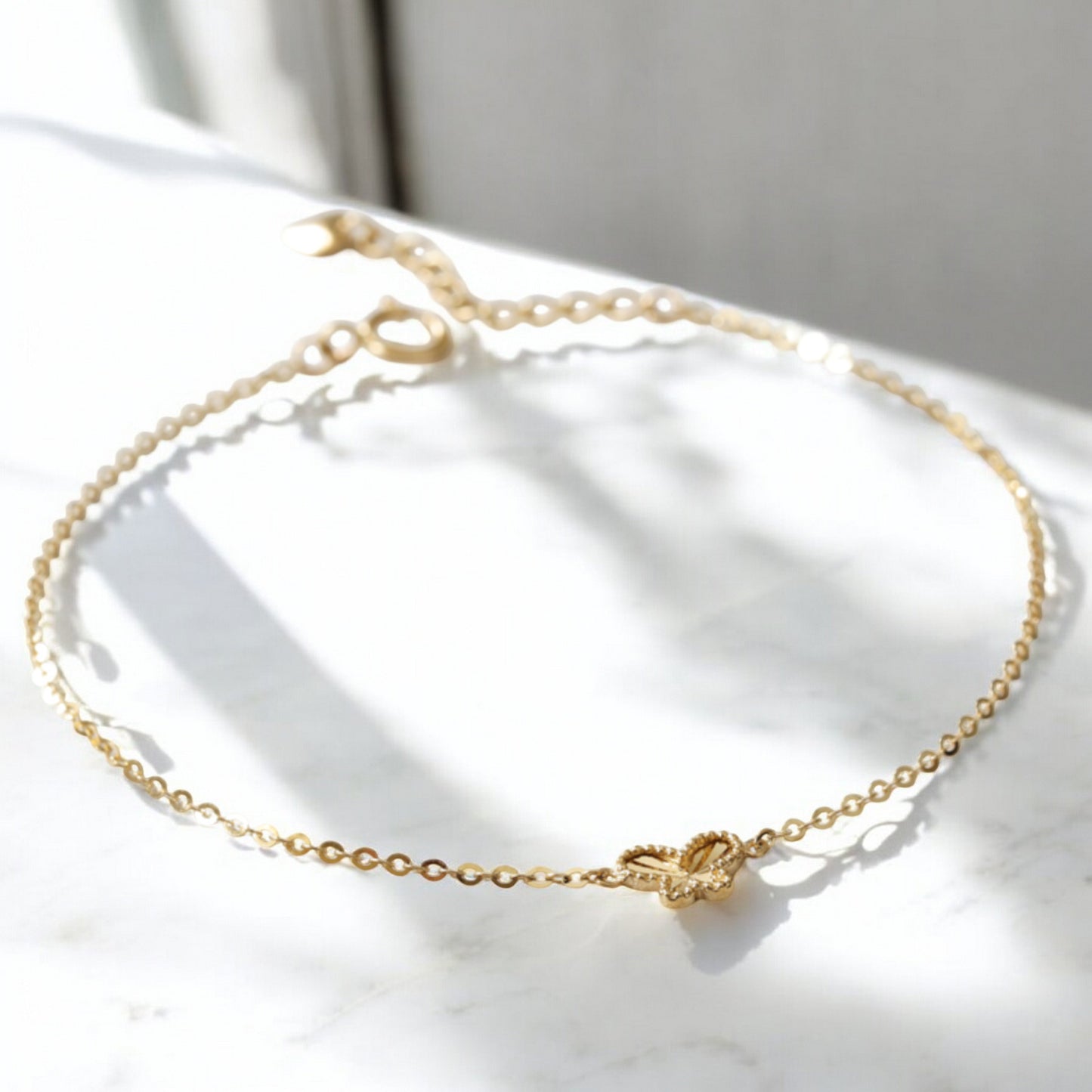 14K Gold Minimal Sparkling Laser-Cut Round Flower and Butterfly Gold Bracelet