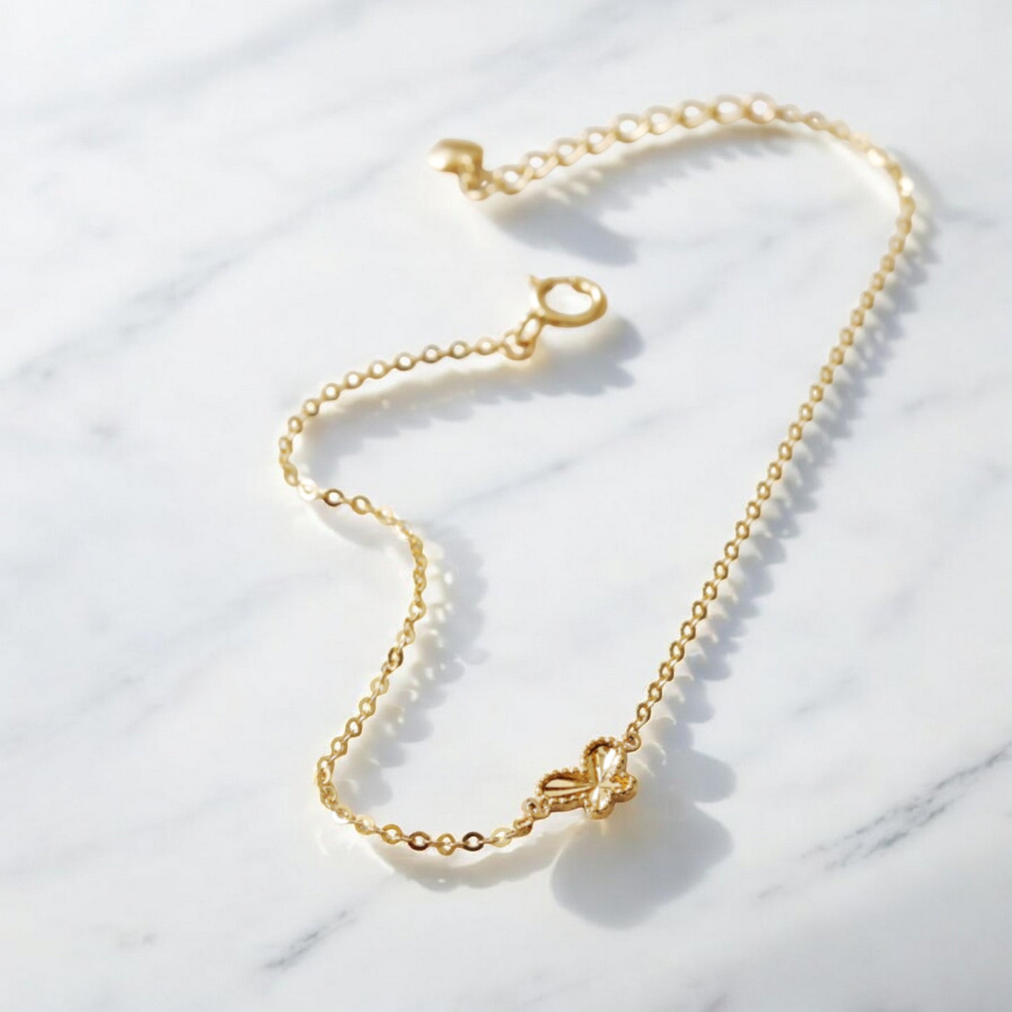 14K Gold Minimal Sparkling Laser-Cut Round Flower and Butterfly Gold Bracelet