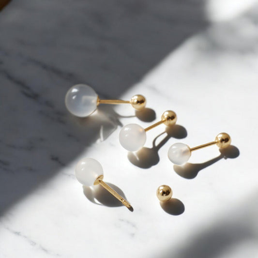 14K Pure Gold Elegant White Agate Ball Screw On Earrings