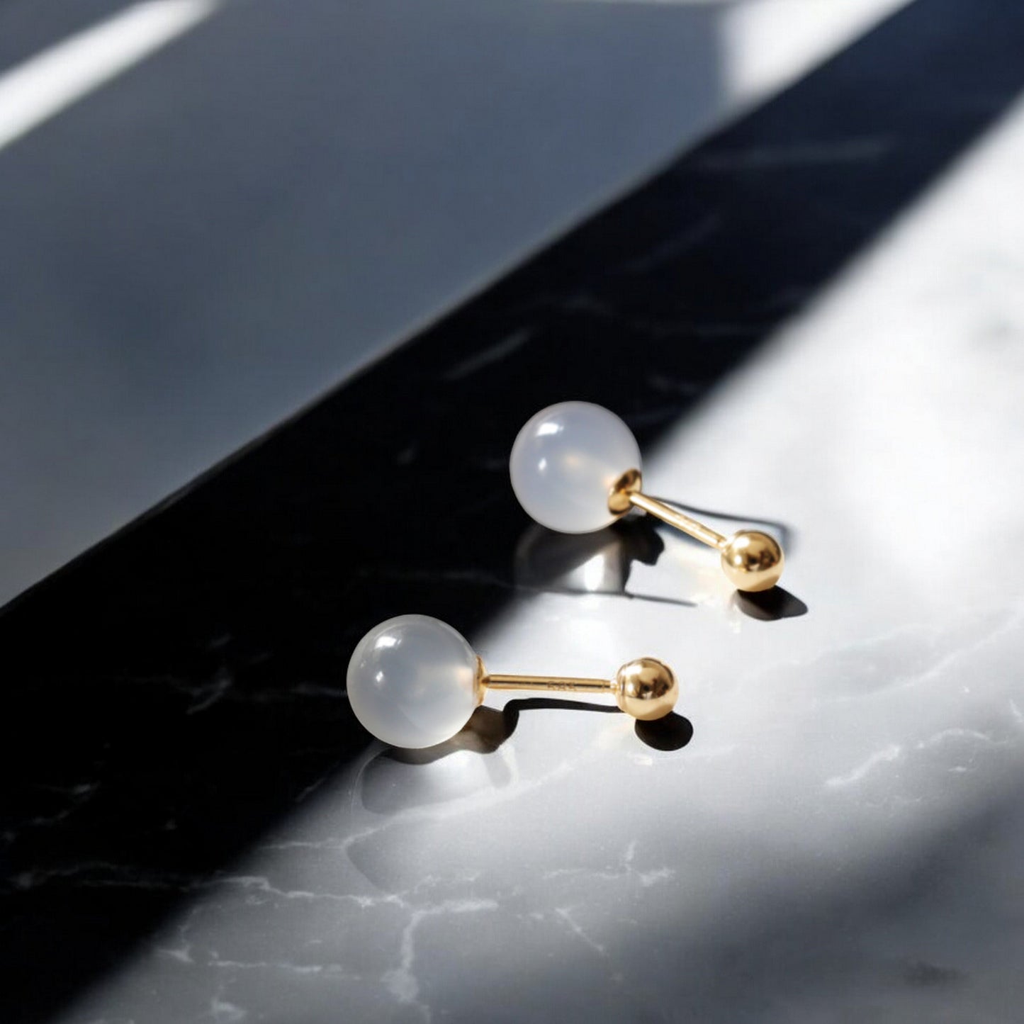 14K Pure Gold Elegant White Agate Ball Screw On Earrings