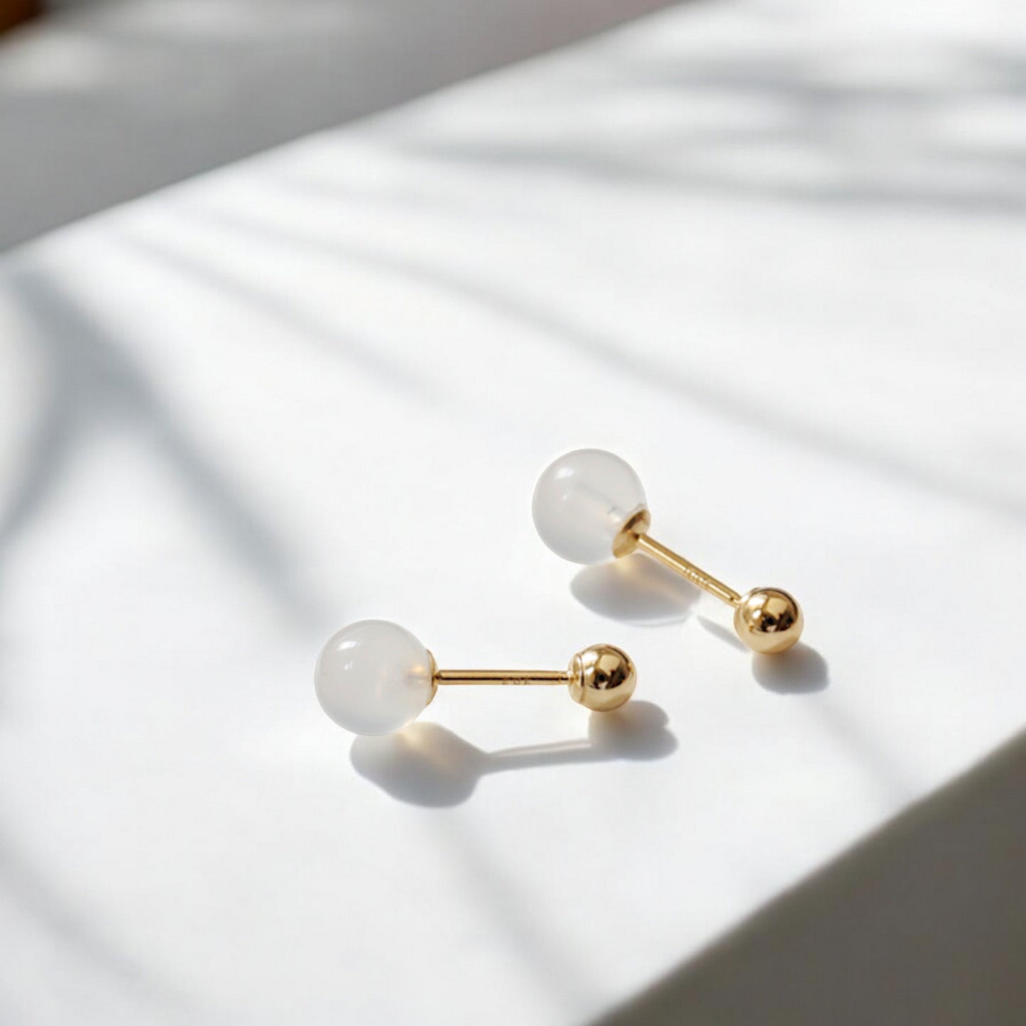14K Pure Gold Elegant White Agate Ball Screw On Earrings