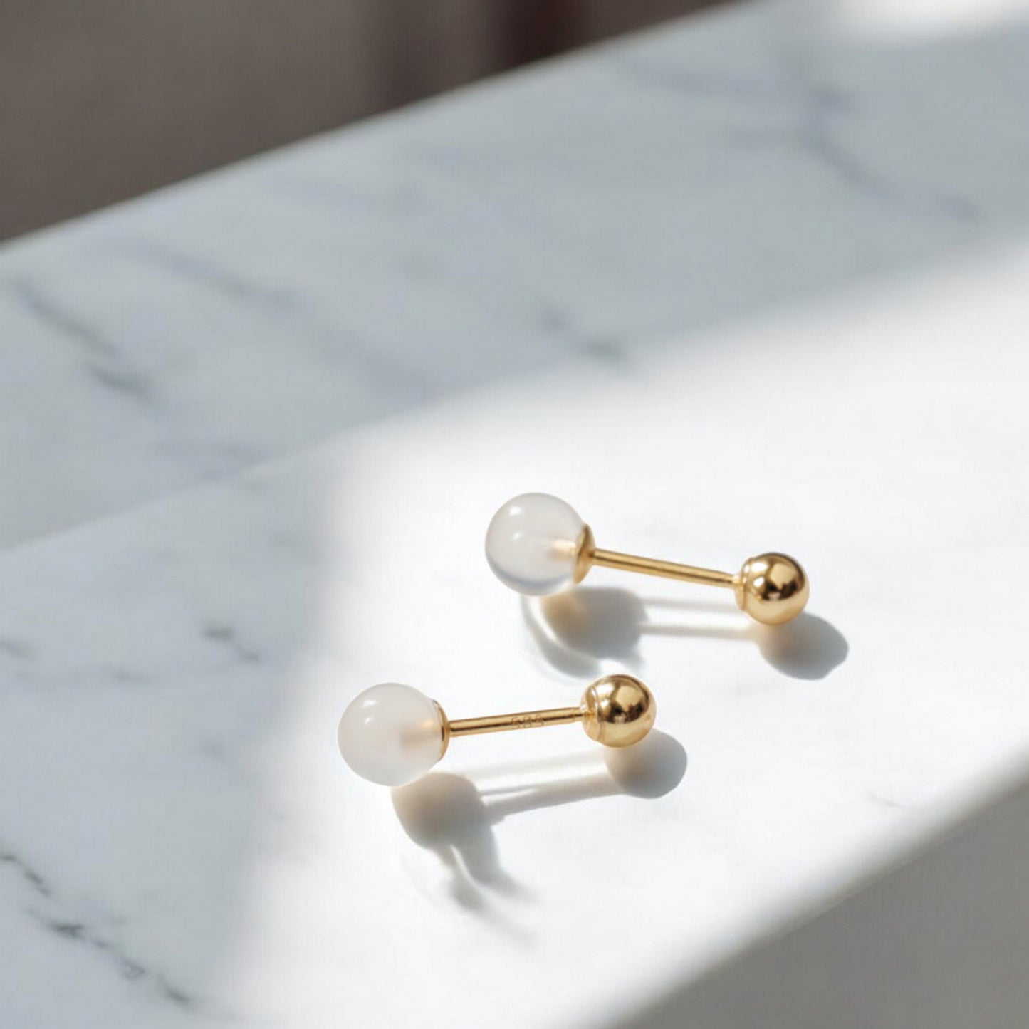 14K Pure Gold Elegant White Agate Ball Screw On Earrings