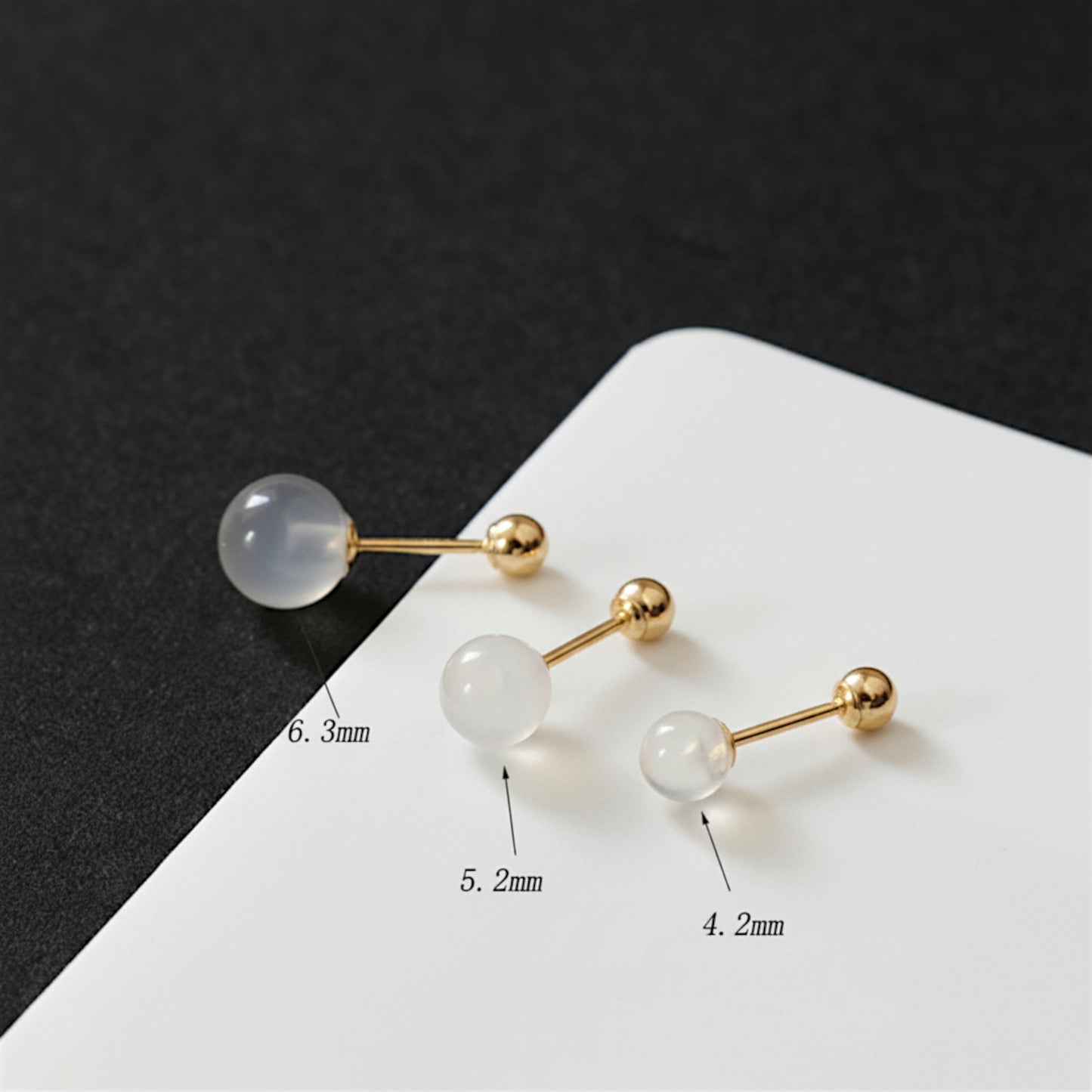 14K Pure Gold Elegant White Agate Ball Screw On Earrings