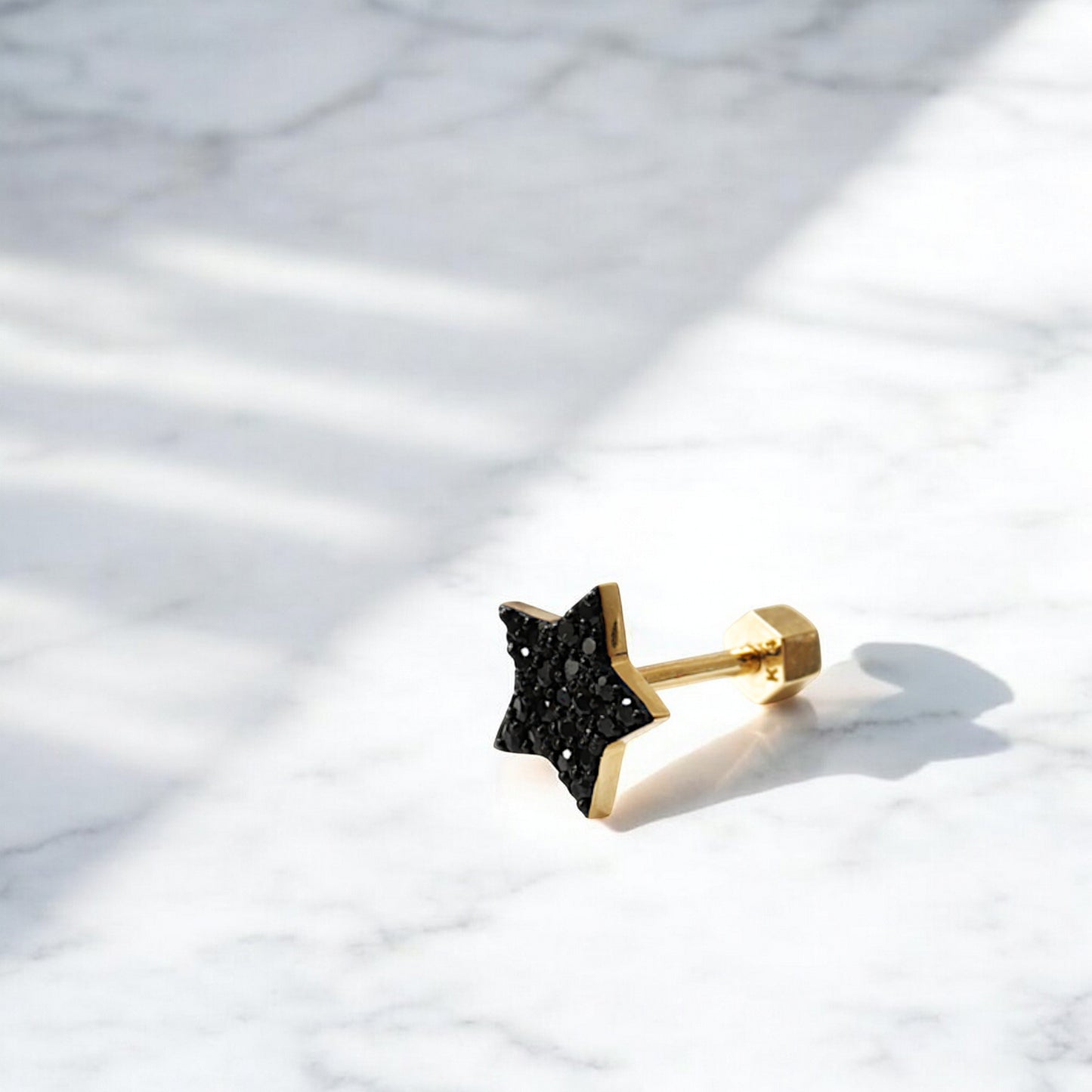 14K Pure Gold Black Zircon Star Screw On Earrings