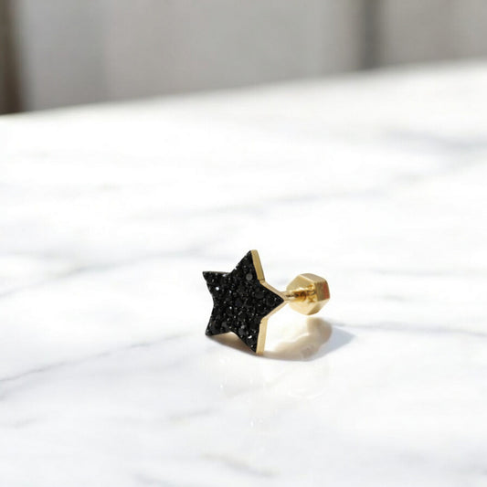 14K Pure Gold Black Zircon Star Screw On Earrings