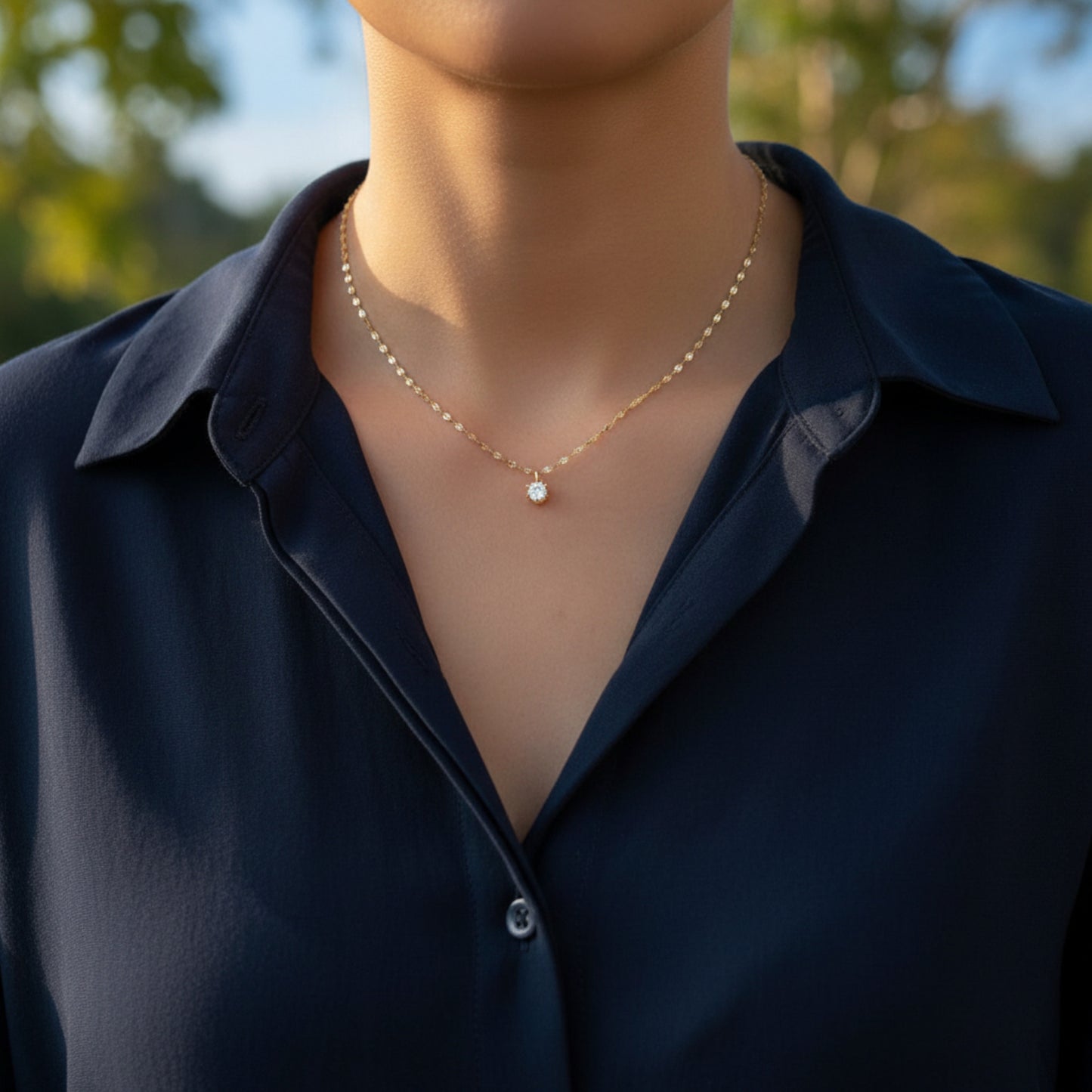 14K Real Gold Six-Prong Zircon Clavicle Chain Necklace