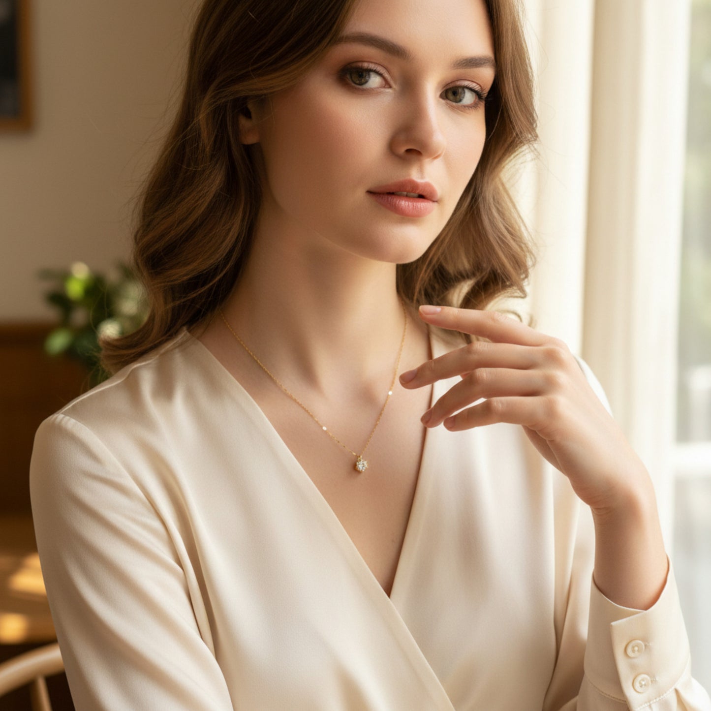 14K Real Gold Six-Prong Zircon Clavicle Chain Necklace