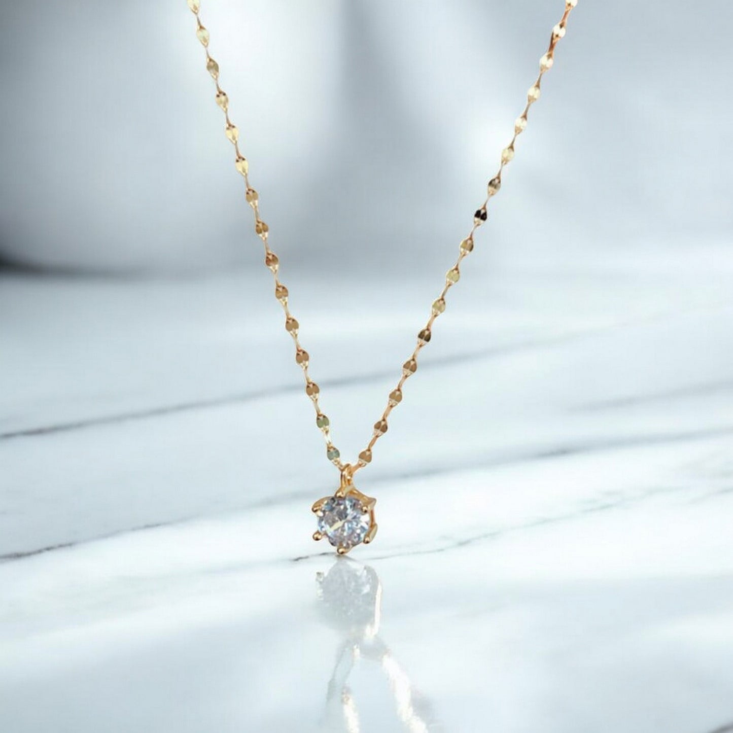 14K Real Gold Six-Prong Zircon Clavicle Chain Necklace