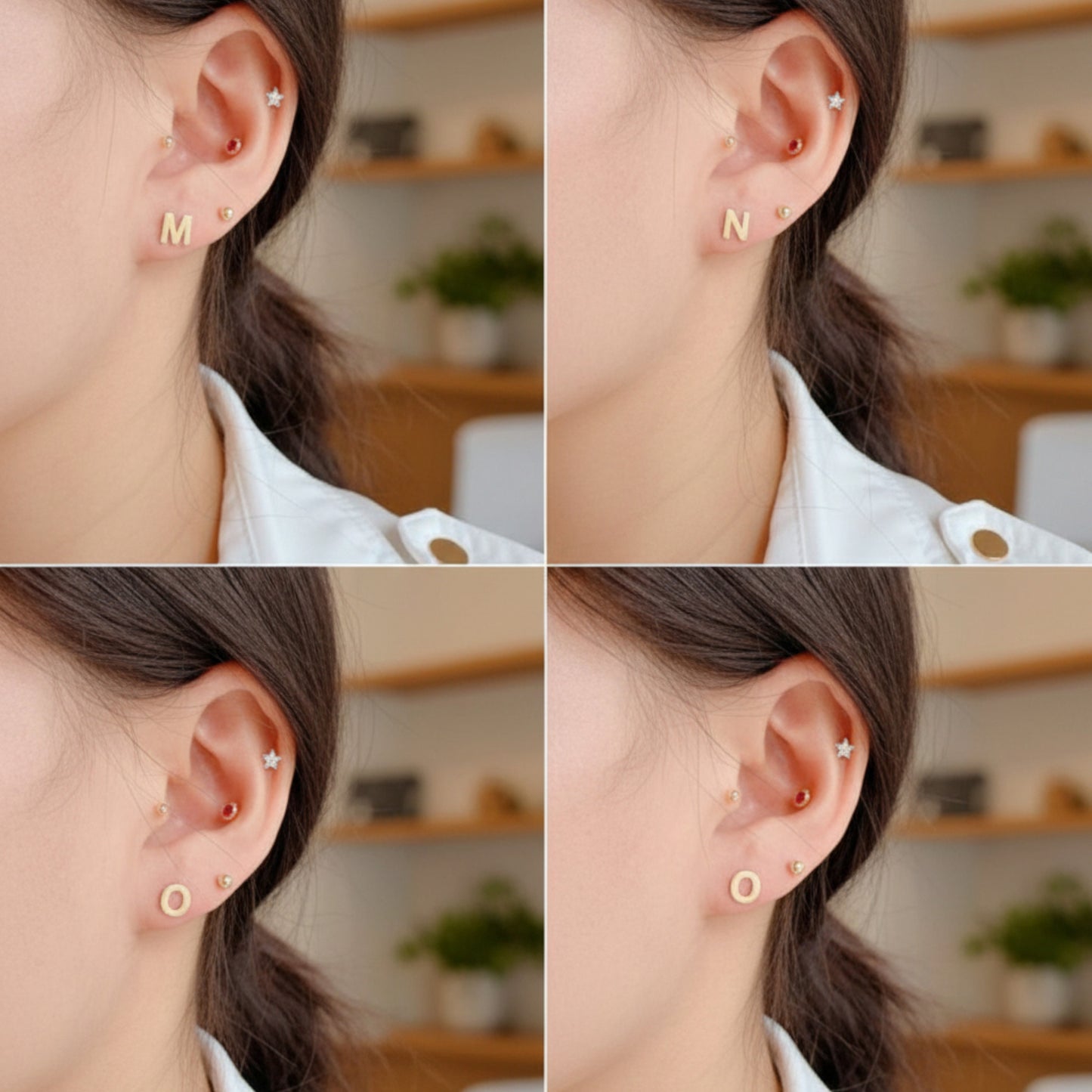 14K Pure Gold 26 Letter Alphabet Stud Cartilage Screw On Earrings