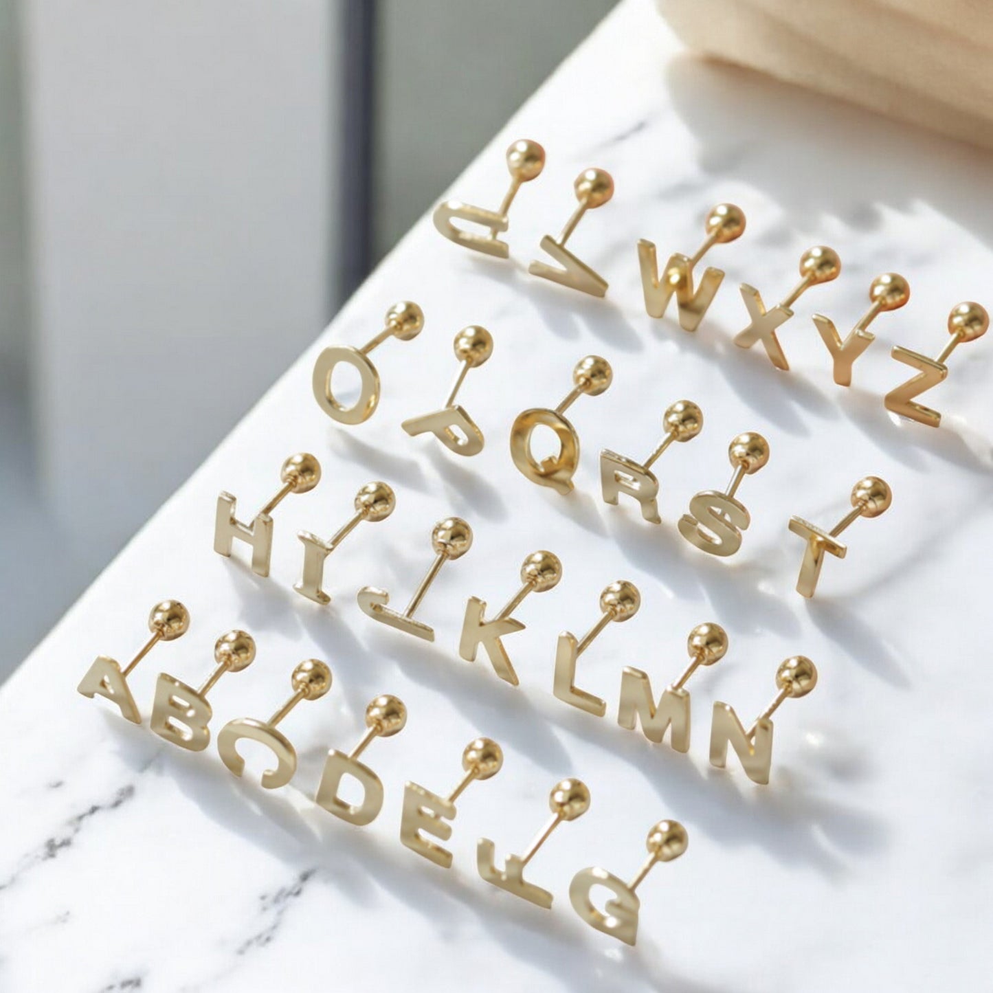 14K Pure Gold 26 Letter Alphabet Stud Cartilage Screw On Earrings
