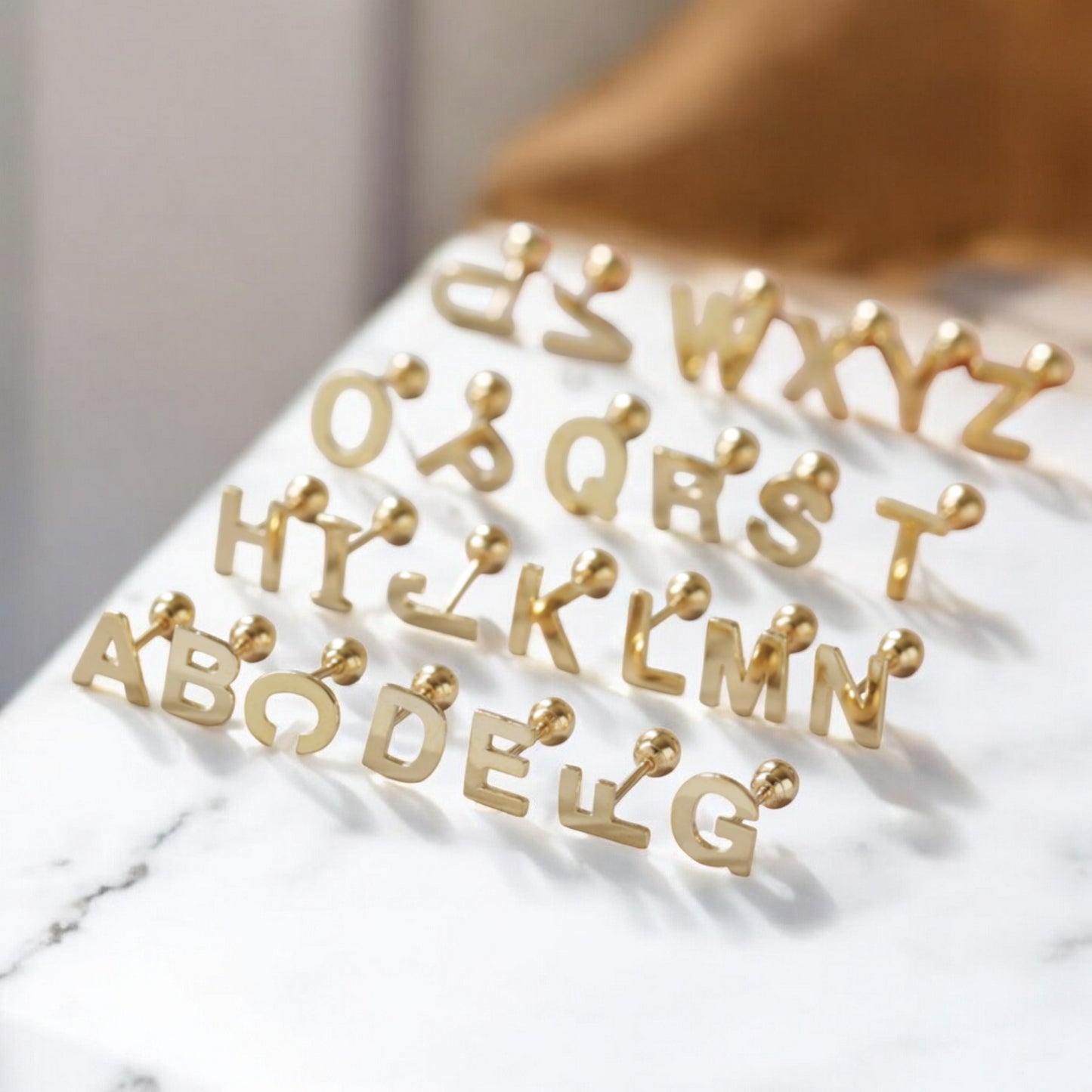 14K Pure Gold 26 Letter Alphabet Stud Cartilage Screw On Earrings