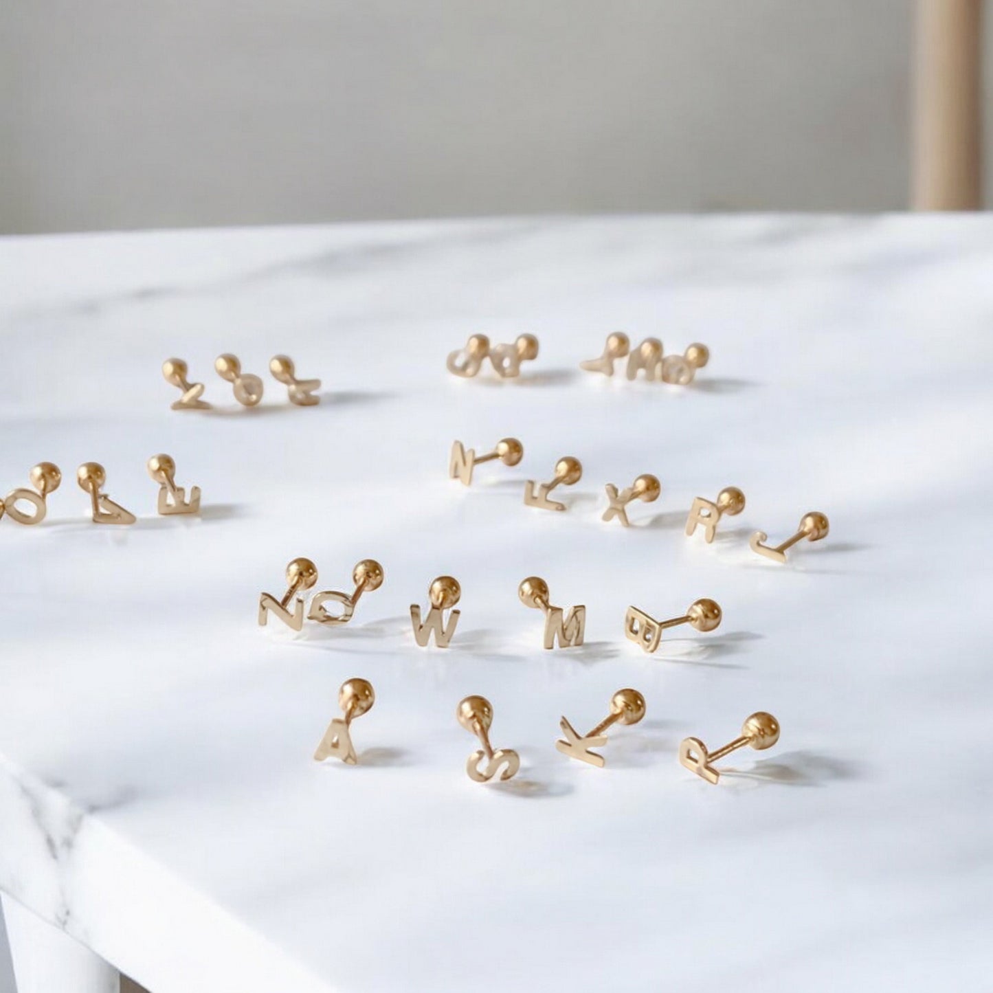 14K Pure Gold 26 Letter Alphabet Stud Cartilage Screw On Earrings