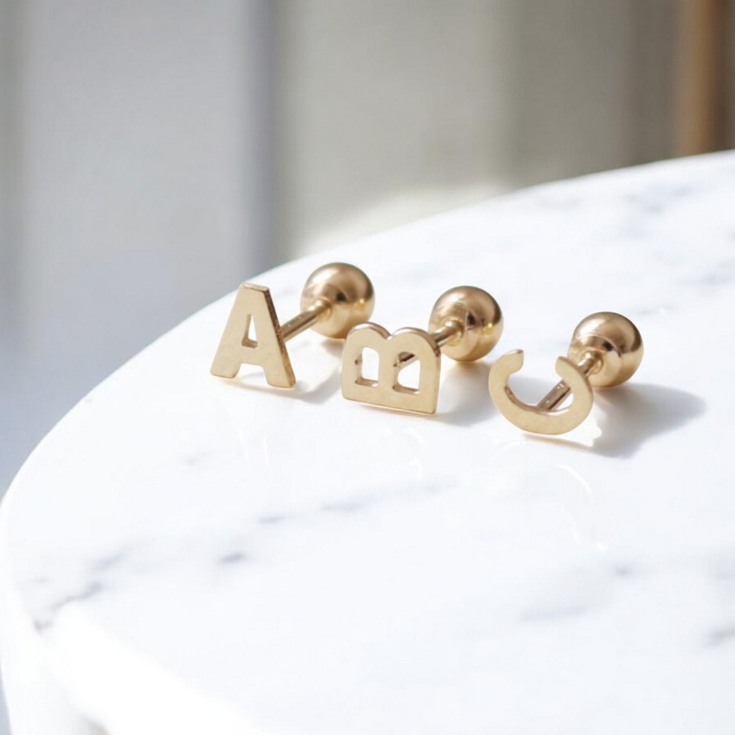 14K Pure Gold 26 Letter Alphabet Stud Cartilage Screw On Earrings
