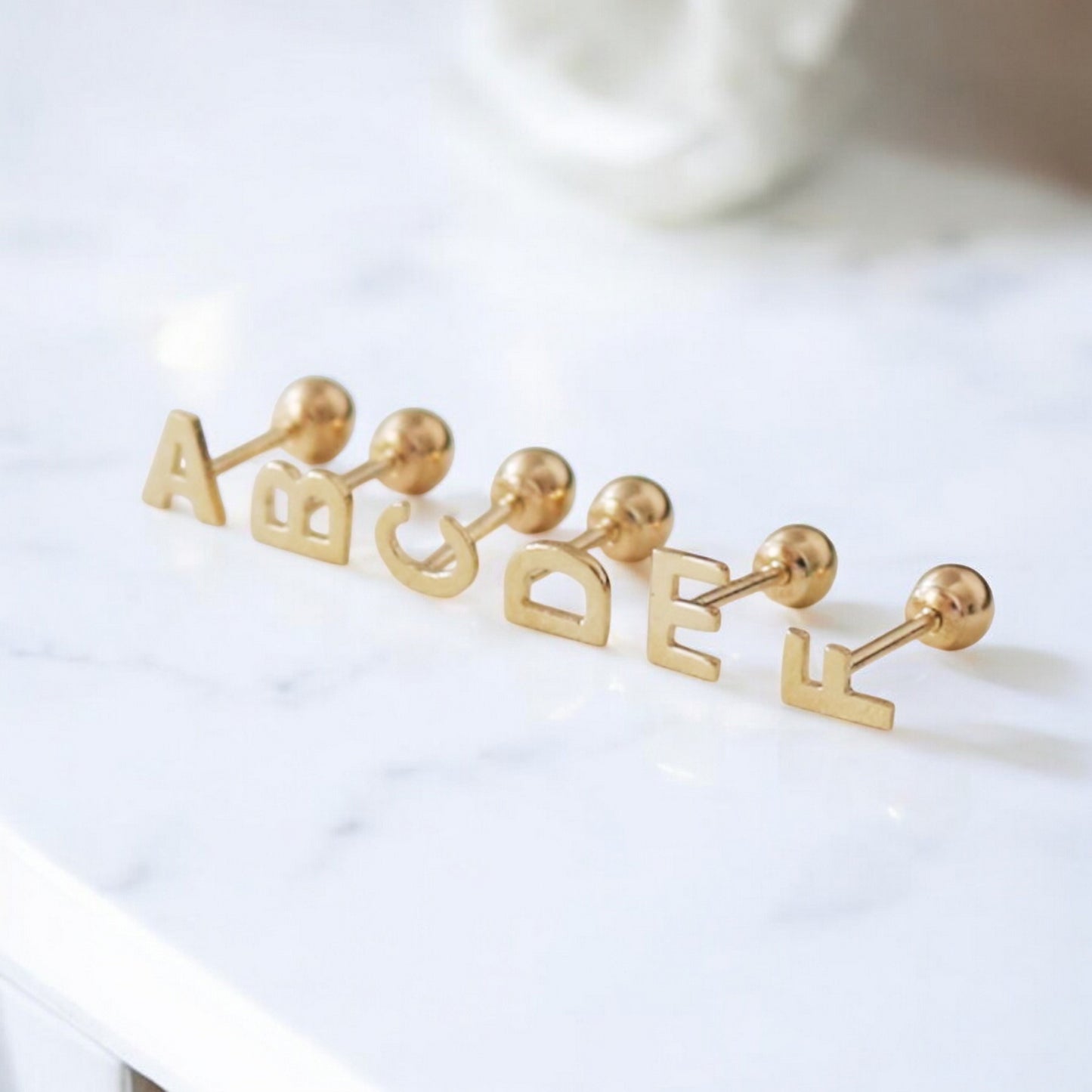 14K Pure Gold 26 Letter Alphabet Stud Cartilage Screw On Earrings