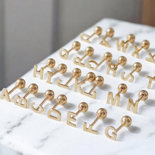 14K Pure Gold 26 Letter Alphabet Stud Cartilage Screw On Earrings