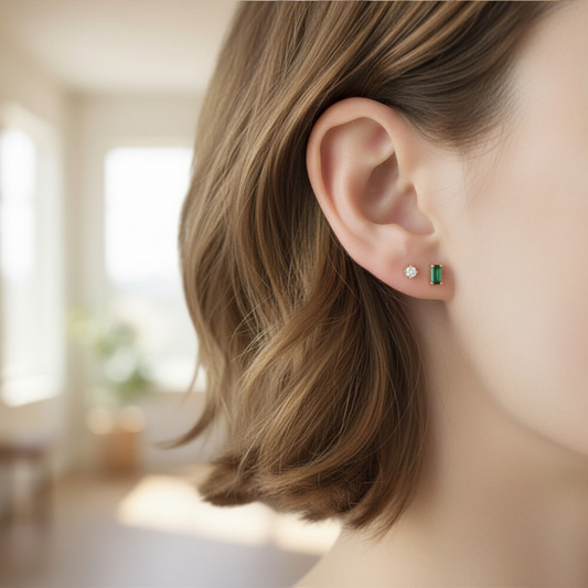 14K Pure Gold Minimal Style Miniature Rectangular Emerald Green Zircon Stud Earrings