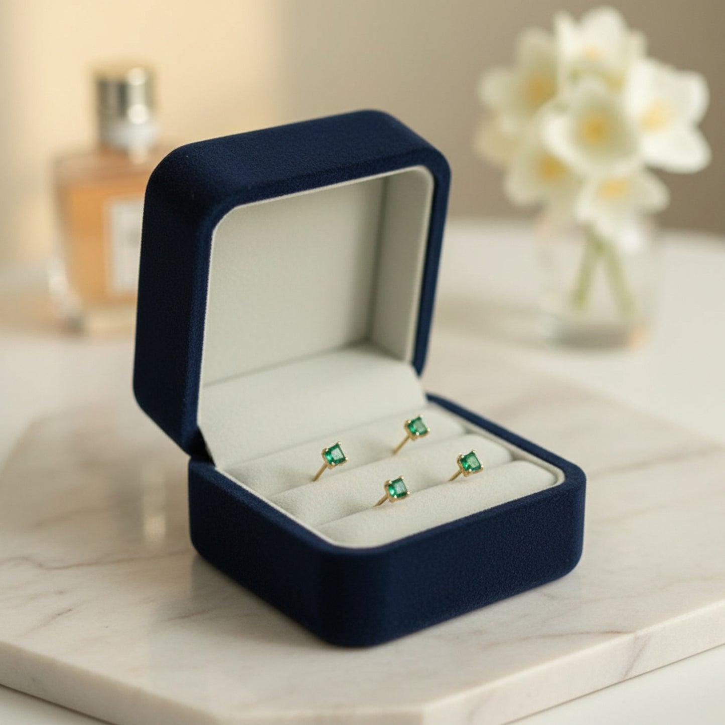 14K Pure Gold Minimal Style Miniature Square Emerald Green Zircon Stud Earrings