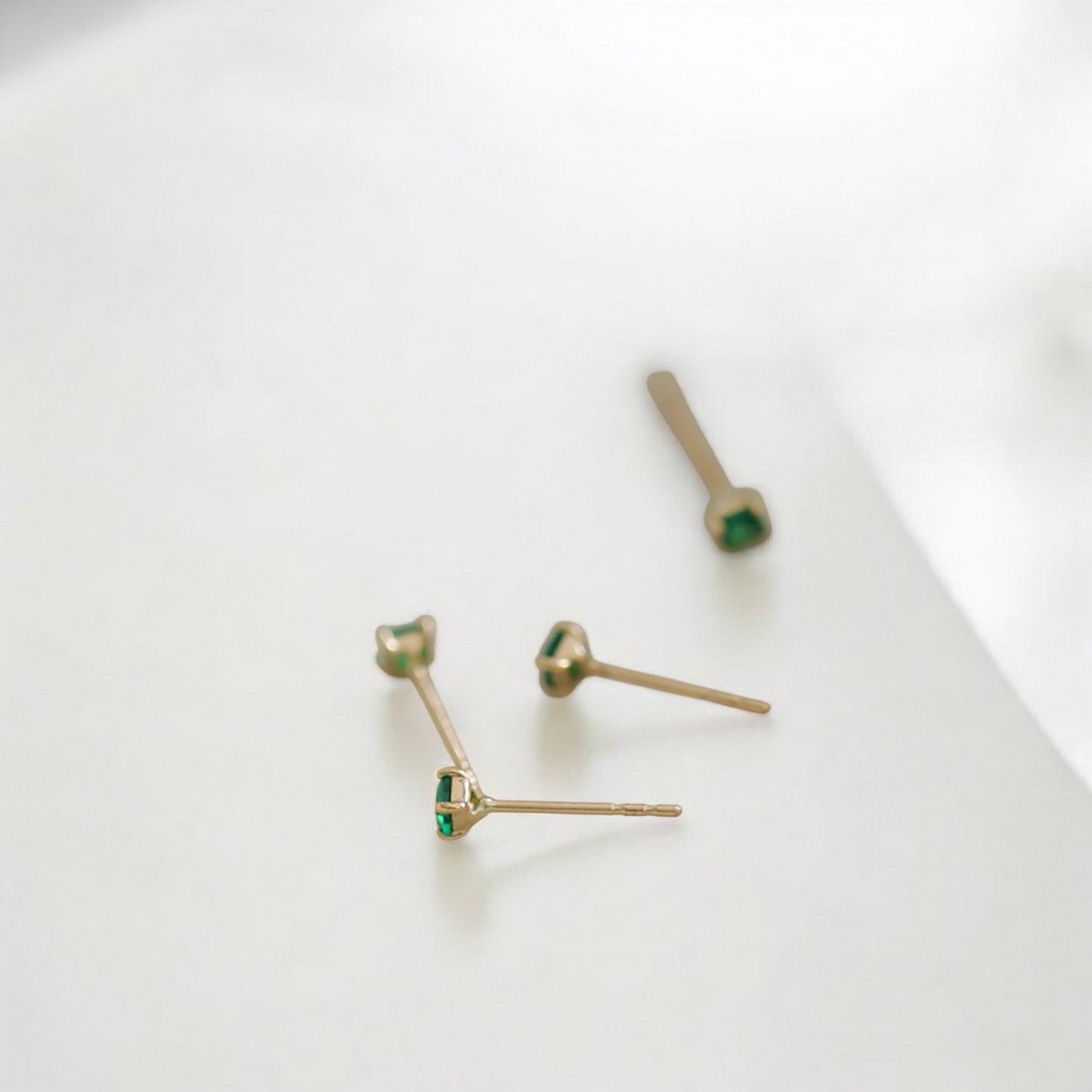 14K Pure Gold Minimal Style Miniature Square Emerald Green Zircon Stud Earrings