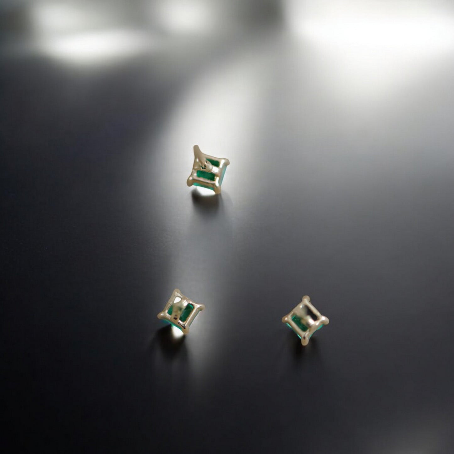 14K Pure Gold Minimal Style Miniature Square Emerald Green Zircon Stud Earrings