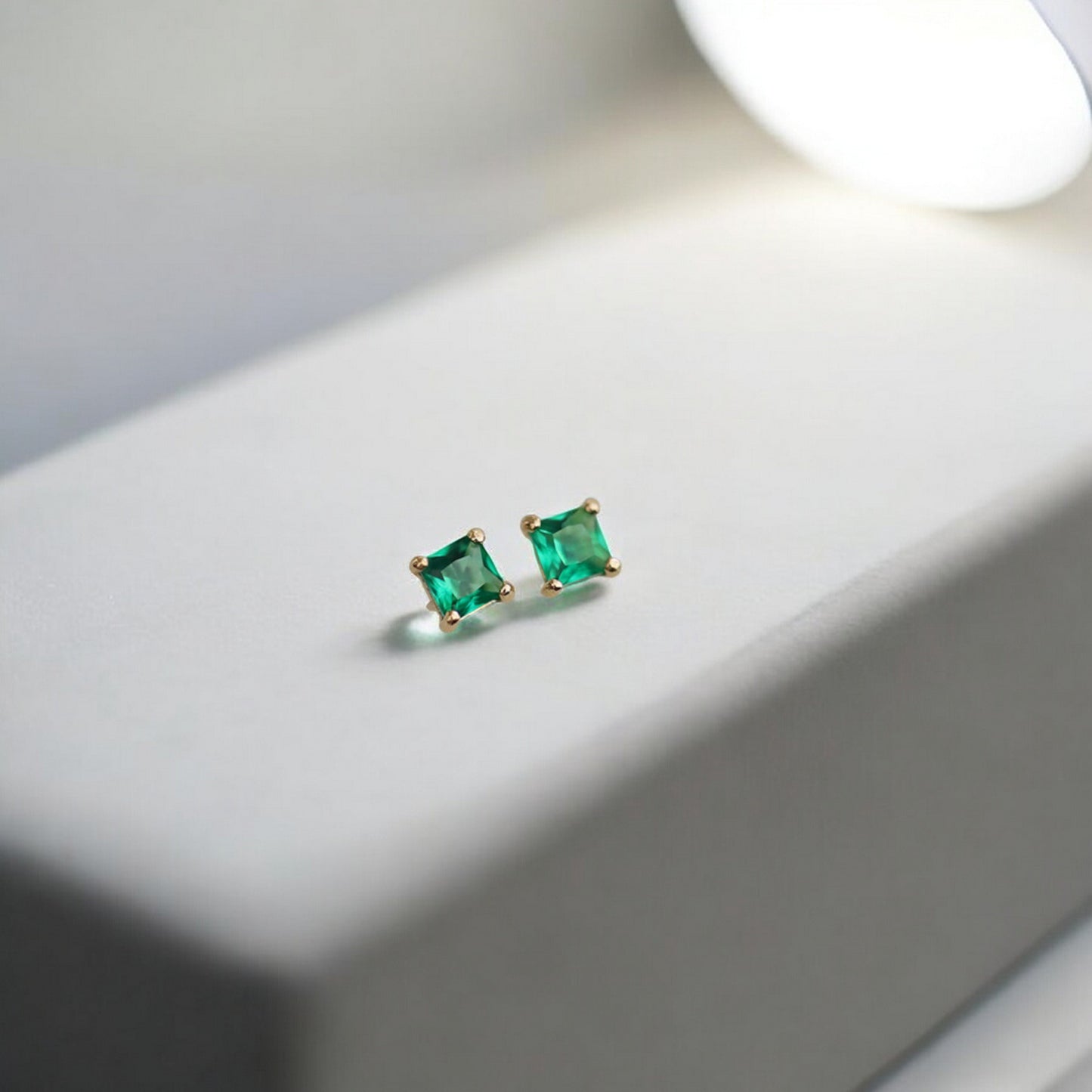 14K Pure Gold Minimal Style Miniature Square Emerald Green Zircon Stud Earrings
