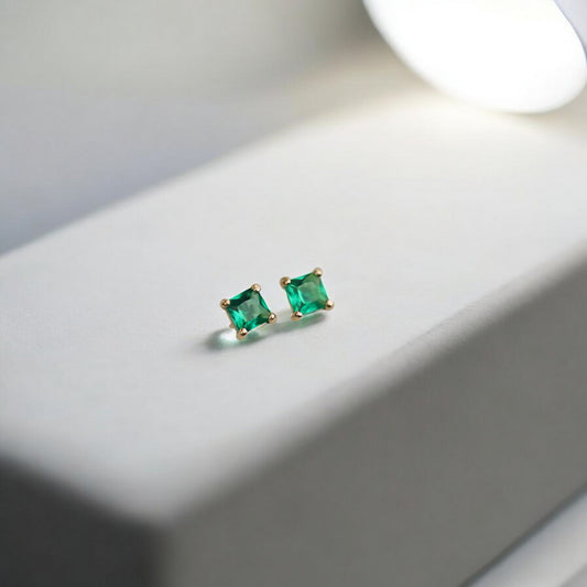 14K Pure Gold Minimal Style Miniature Square Emerald Green Zircon Stud Earrings