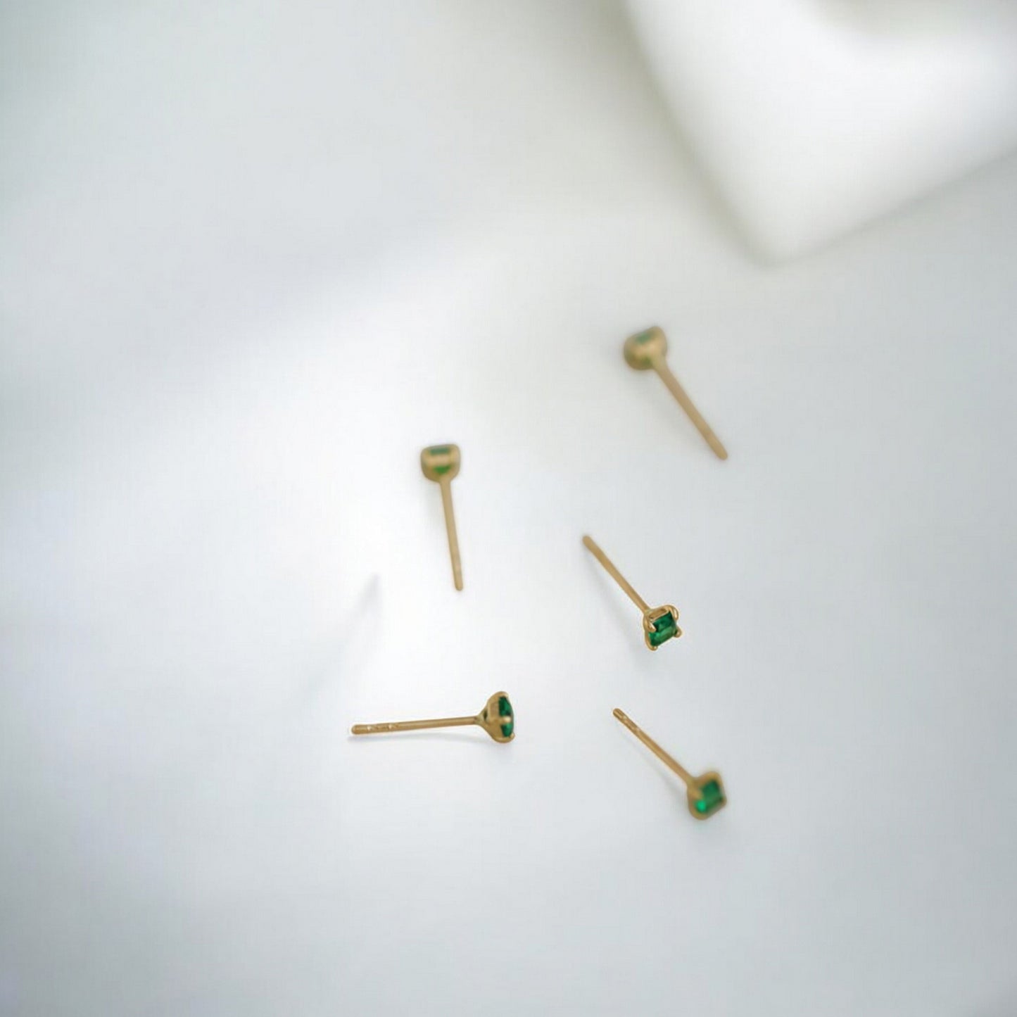 14K Pure Gold Minimal Style Miniature Square Emerald Green Zircon Stud Earrings
