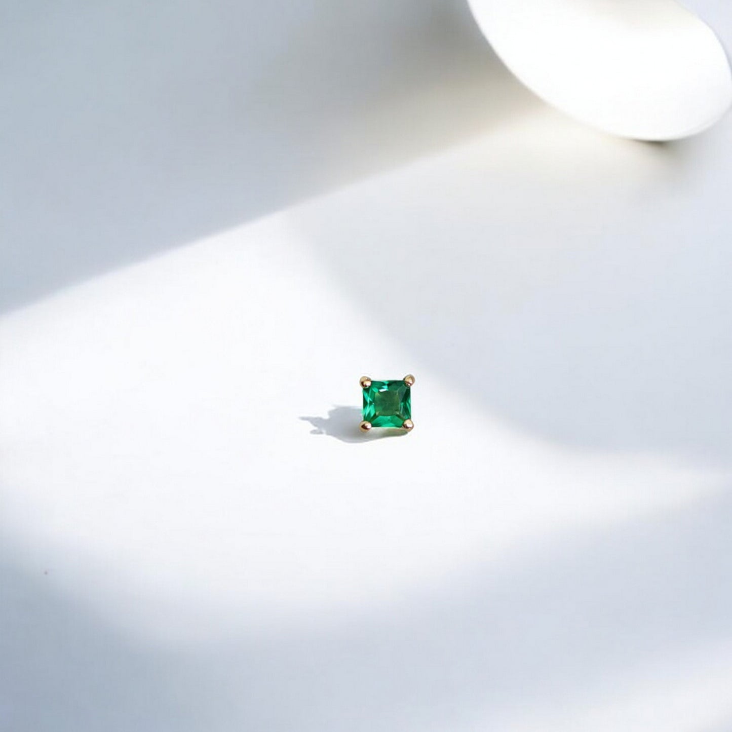 14K Pure Gold Minimal Style Miniature Square Emerald Green Zircon Stud Earrings