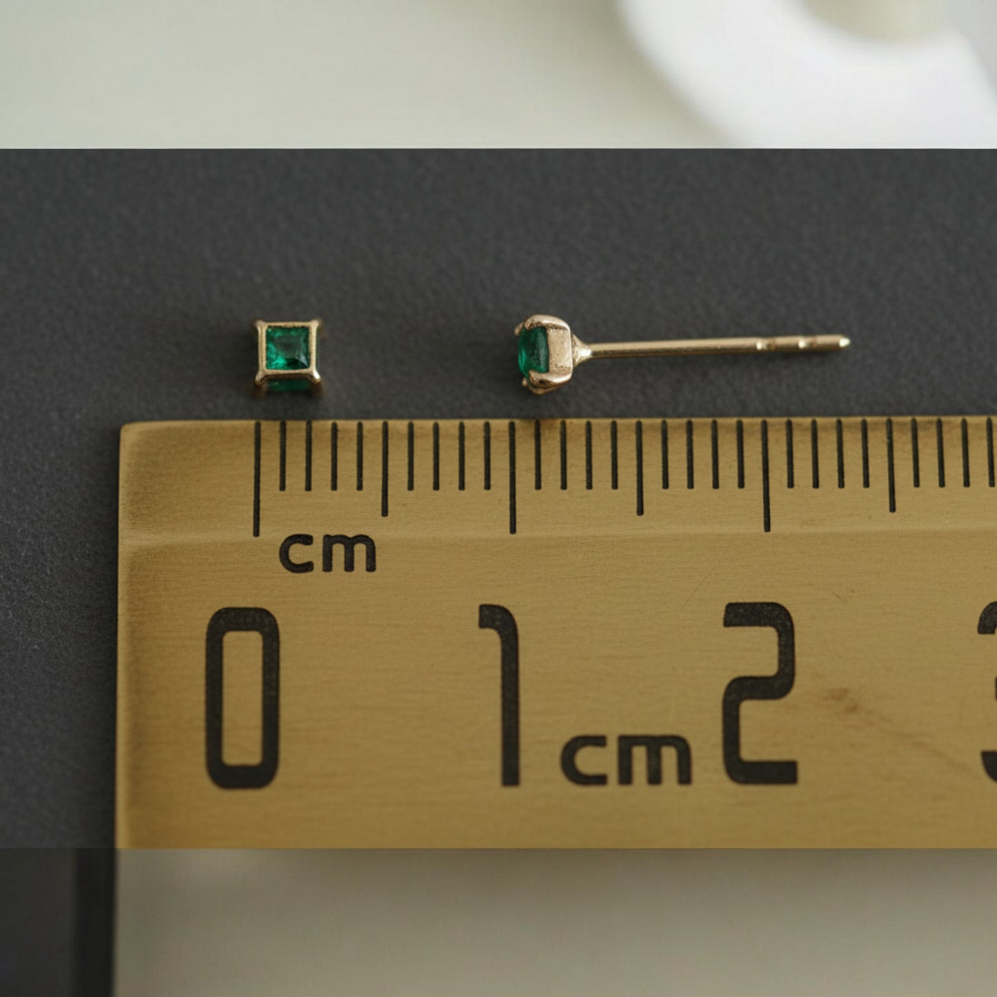 14K Pure Gold Minimal Style Miniature Square Emerald Green Zircon Stud Earrings