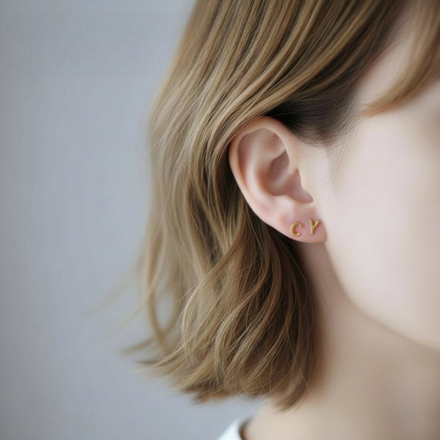 14K Pure Gold Minimal Plaint Letter Style Stud Earrings