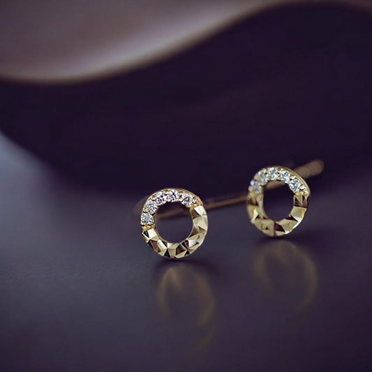 14K Pure Gold Minimal Style Miniature Zircon Round Stud Earrings