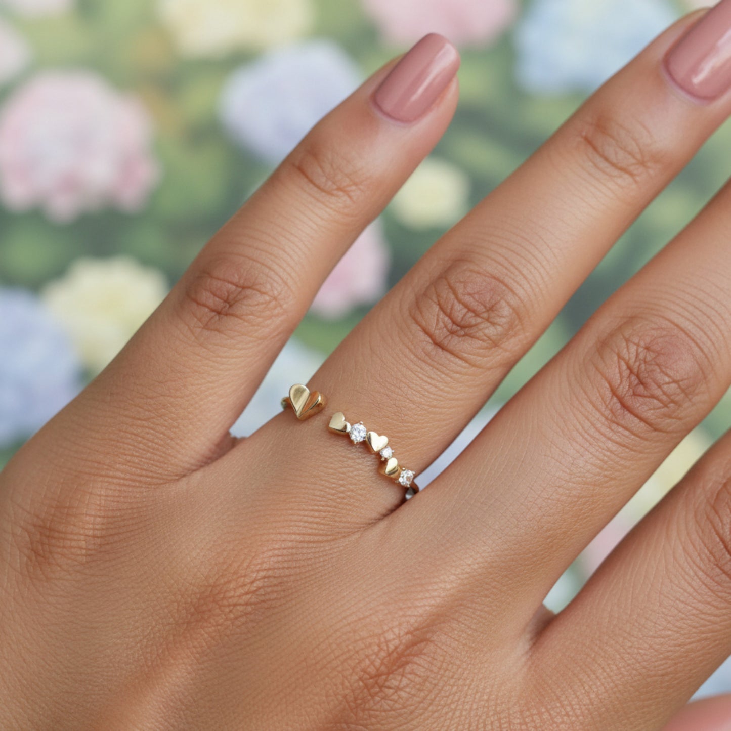 9K Pure Gold Heart Shaped Zircon Stacking Open Ring